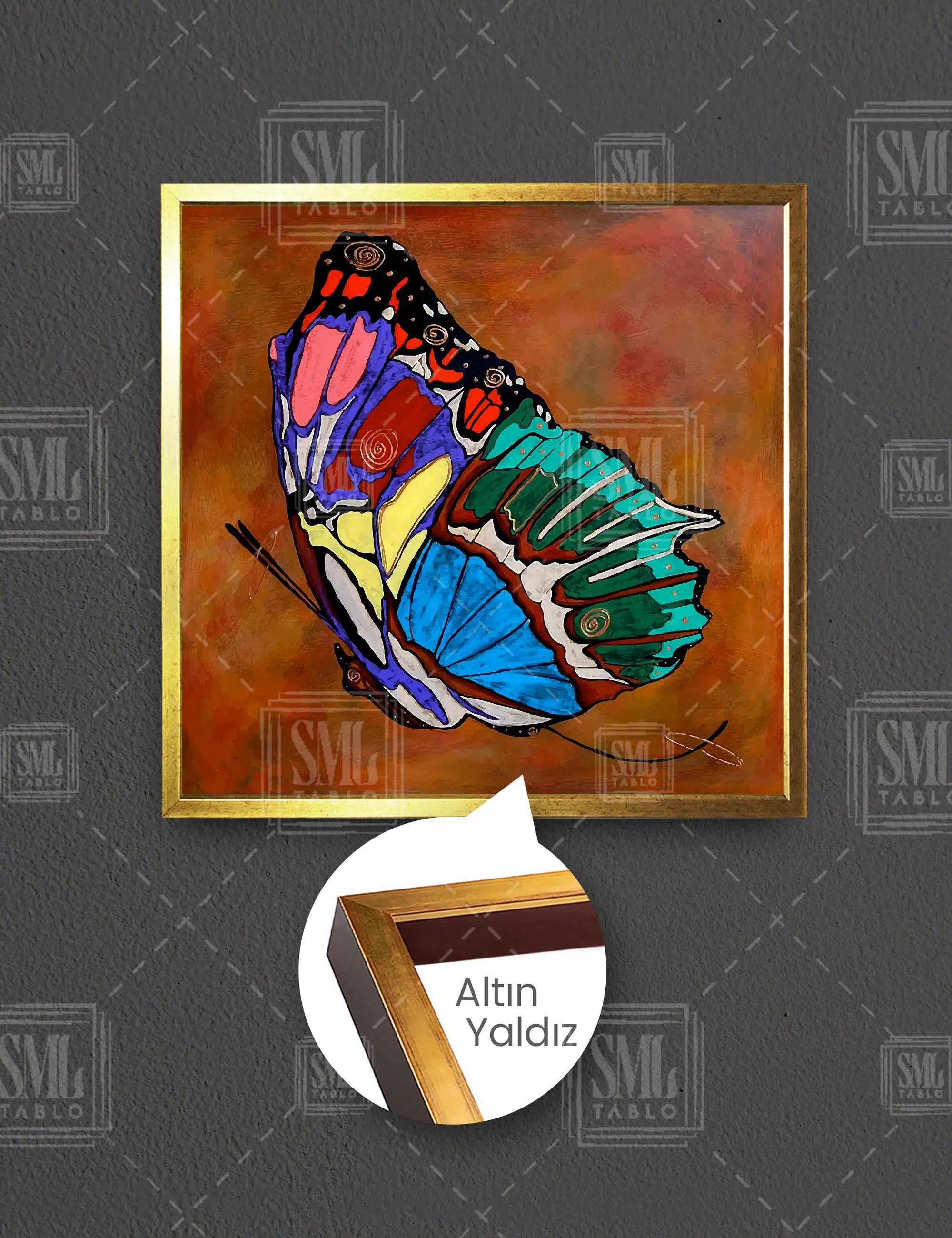 Rengarenk Kelebek Modern Dekoratif Soyut Abstract Kare Çerçeveli Kanvas Tablo