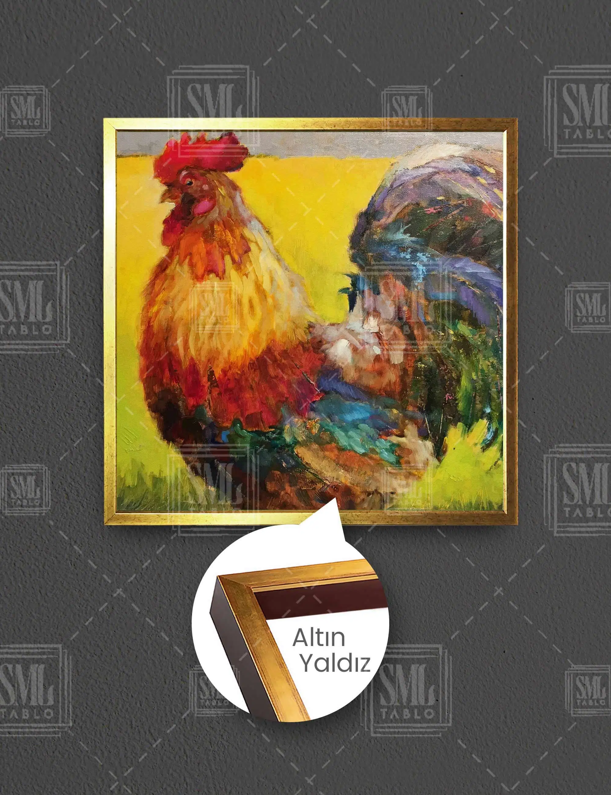 Rengarenk Horoz Soyut Hayvan Art Dekoratif Kare Çerçeveli Kanvas Tablo