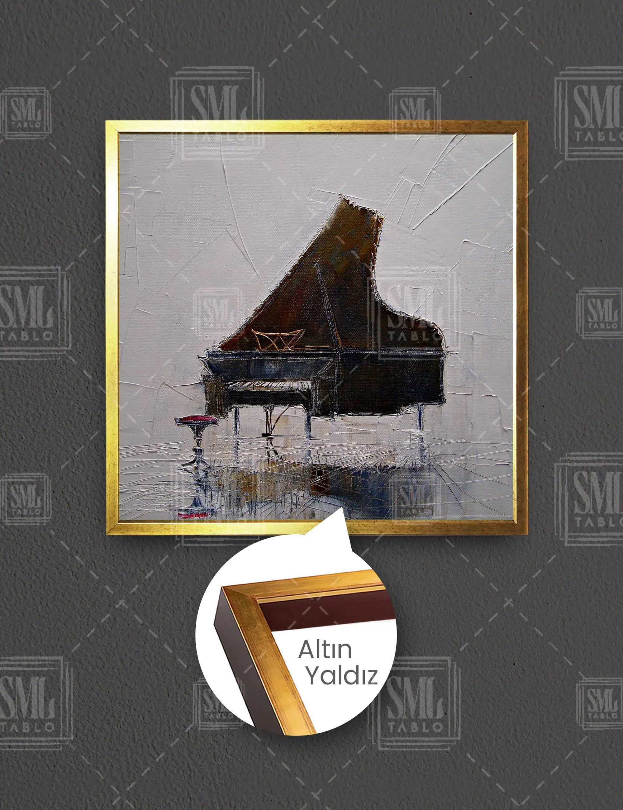 Piyano Yağlı Boya Efektli Müzik Sanat Dekor Kare Çerçeveli Kanvas Tablo