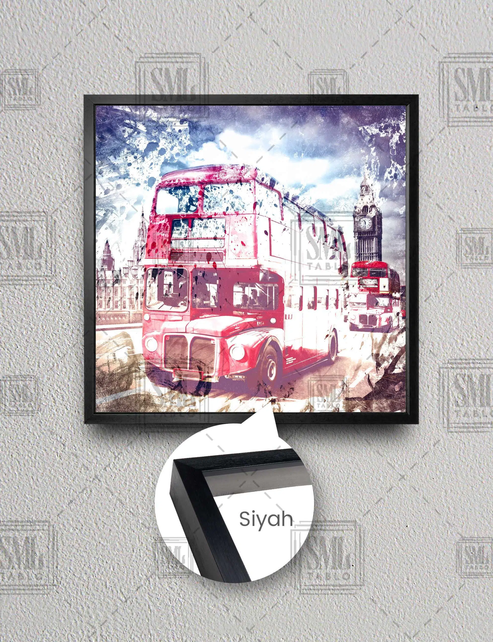 Kırmızı Otobüs Ve Saat Kulesi Retro Londra Seyehat Art Şehir Manzara Kare Çerçeveli Kanvas Tablo - Siyah