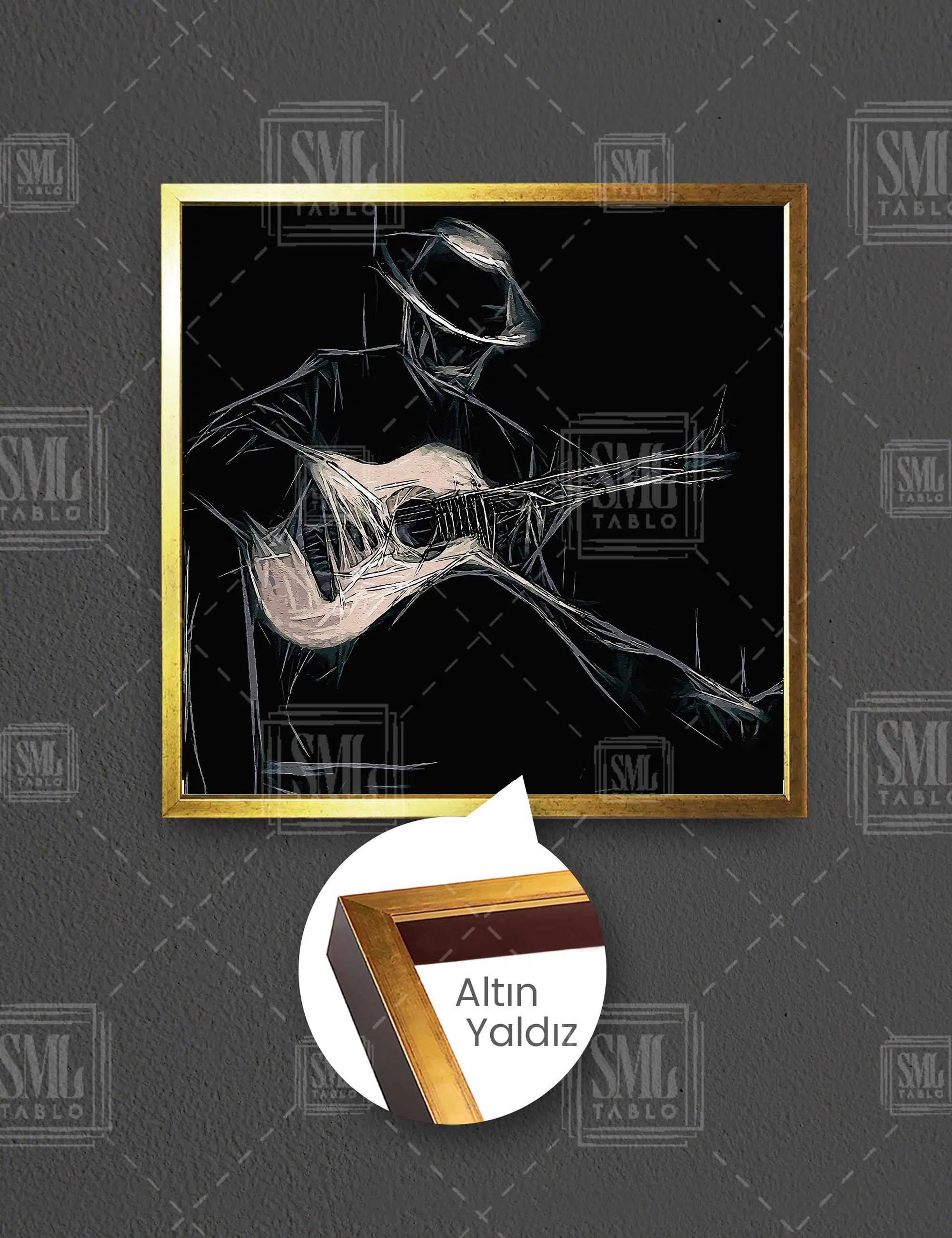 Gitar Çalan Siyah Şapkalı Adam Soyut İlüstrasyon Dekoratif Kare Çerçeveli Kanvas Tablo