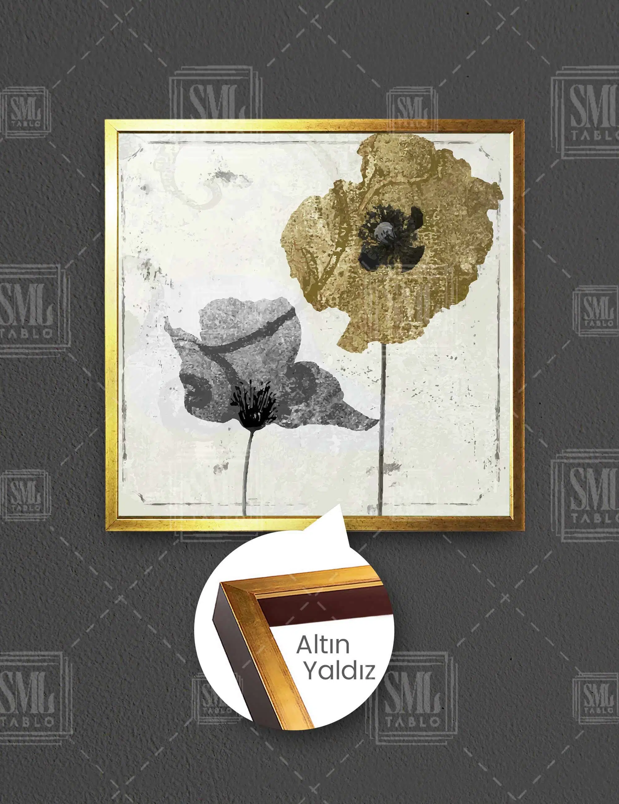 Dekoratif Altın Çiçek Modern Sanat Art Kare Çerçeveli Kanvas Tablo