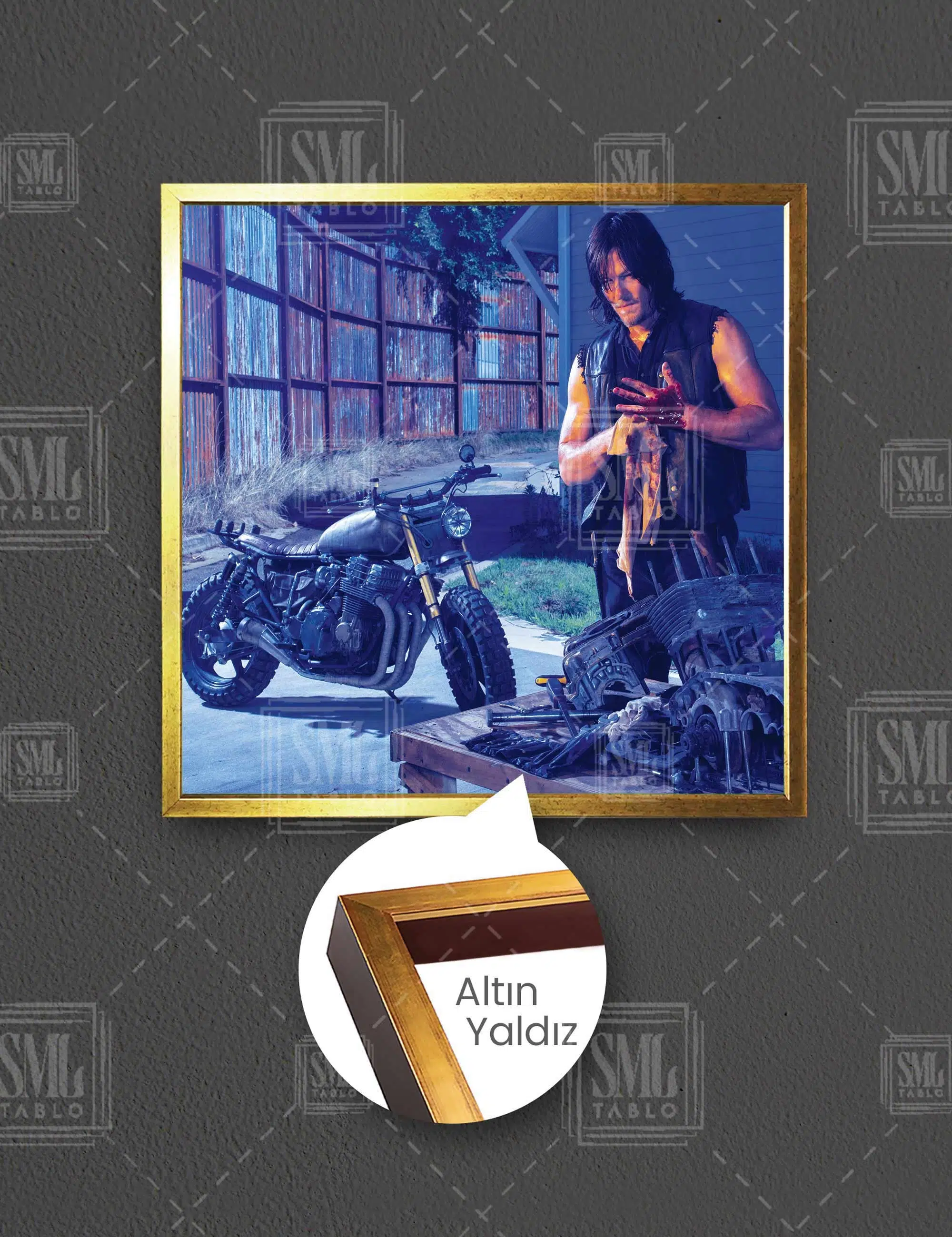 Daryl Dixon The Walking Dead Motor Tamiri Kare Çerçeveli Kanvas Tablo