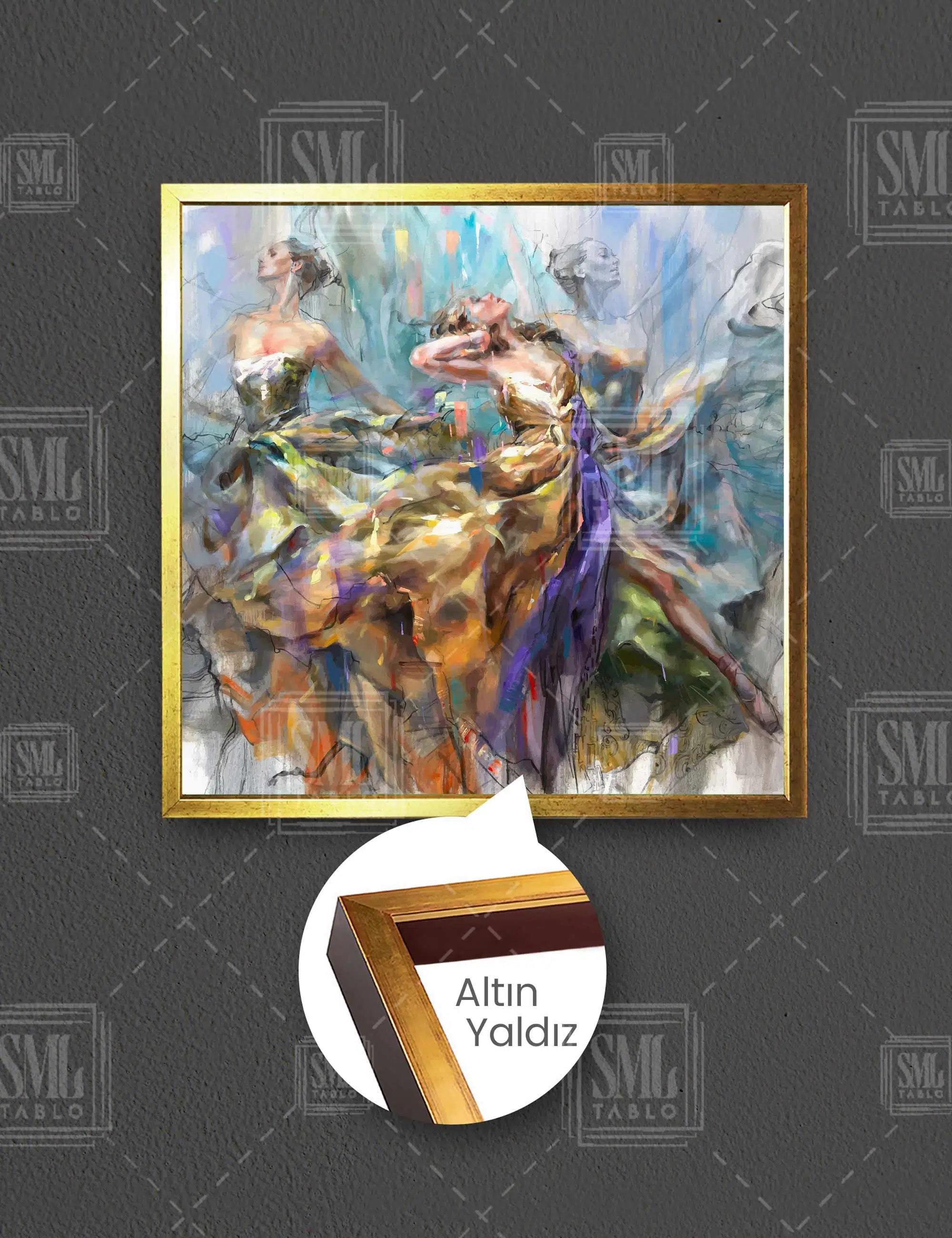 Dans Eden Sarı Mor Renkli Elbiseli Kadın Art Soyut Woman Kare Çerçeveli Kanvas Tablo