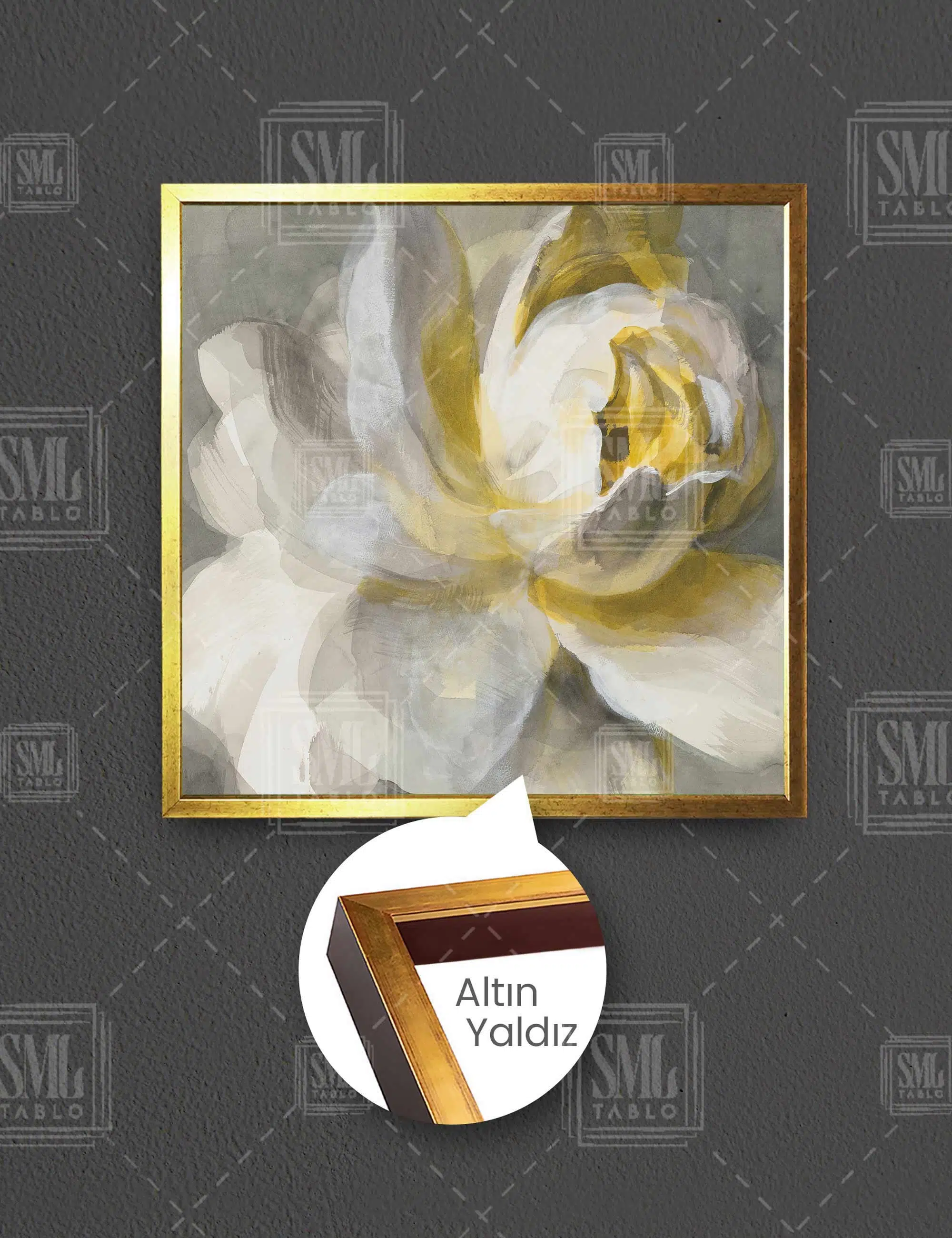 Beyaz Sarı Dekoratif Çiçek Modern Pastel Renkler Kare Çerçeveli Kanvas Tablo