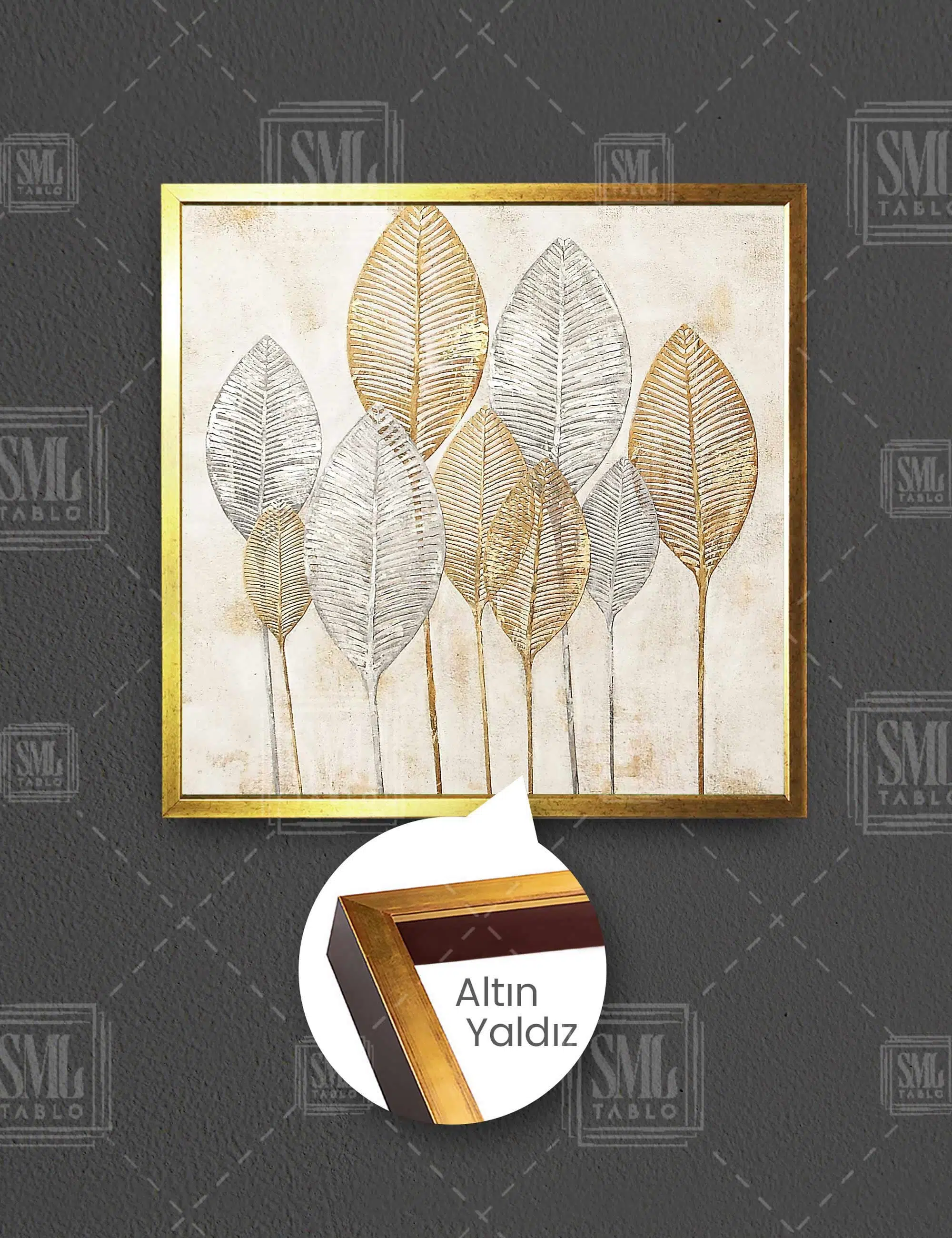 Altın Yapraklar Dekoratif Modern Gold Kare Çerçeveli Kanvas Tablo