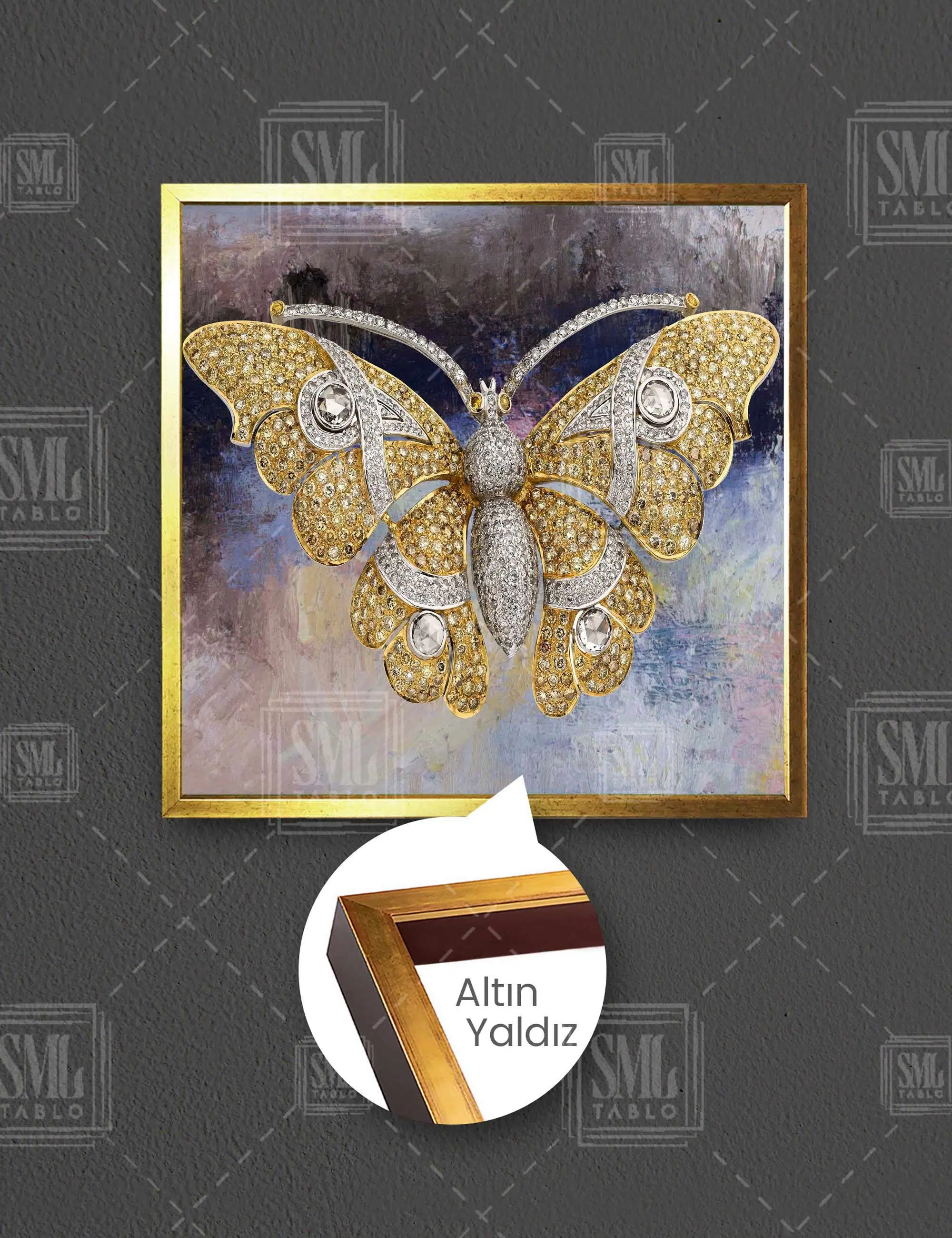 Altın İşlemeli Kelebek Gold Soyut Sanat Kare Çerçeveli Kanvas Tablo