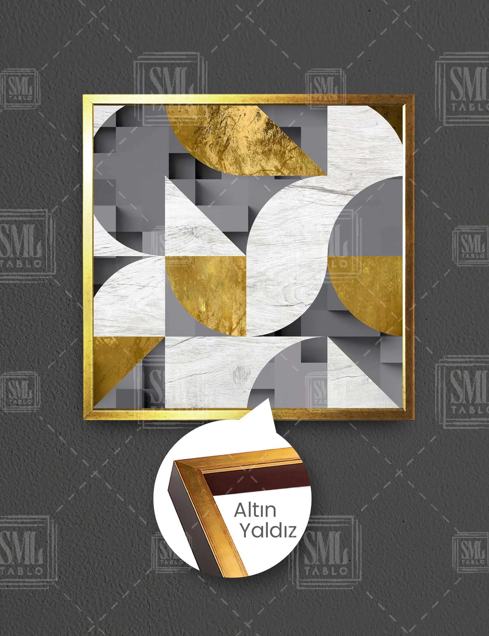 Altın Üçgenler Daire Abstrack Mermer Geometrik Dekor Kare Çerçeveli Kanvas Tablo