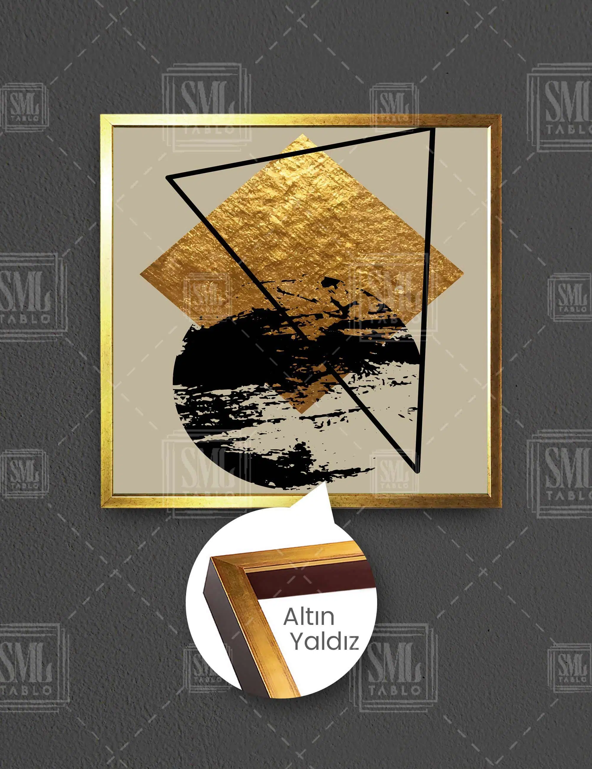 Altın Ve Siyah Geometrik Modern Sanat Üçgen Soyut Dekor Kare Çerçeveli Kanvas Tablo