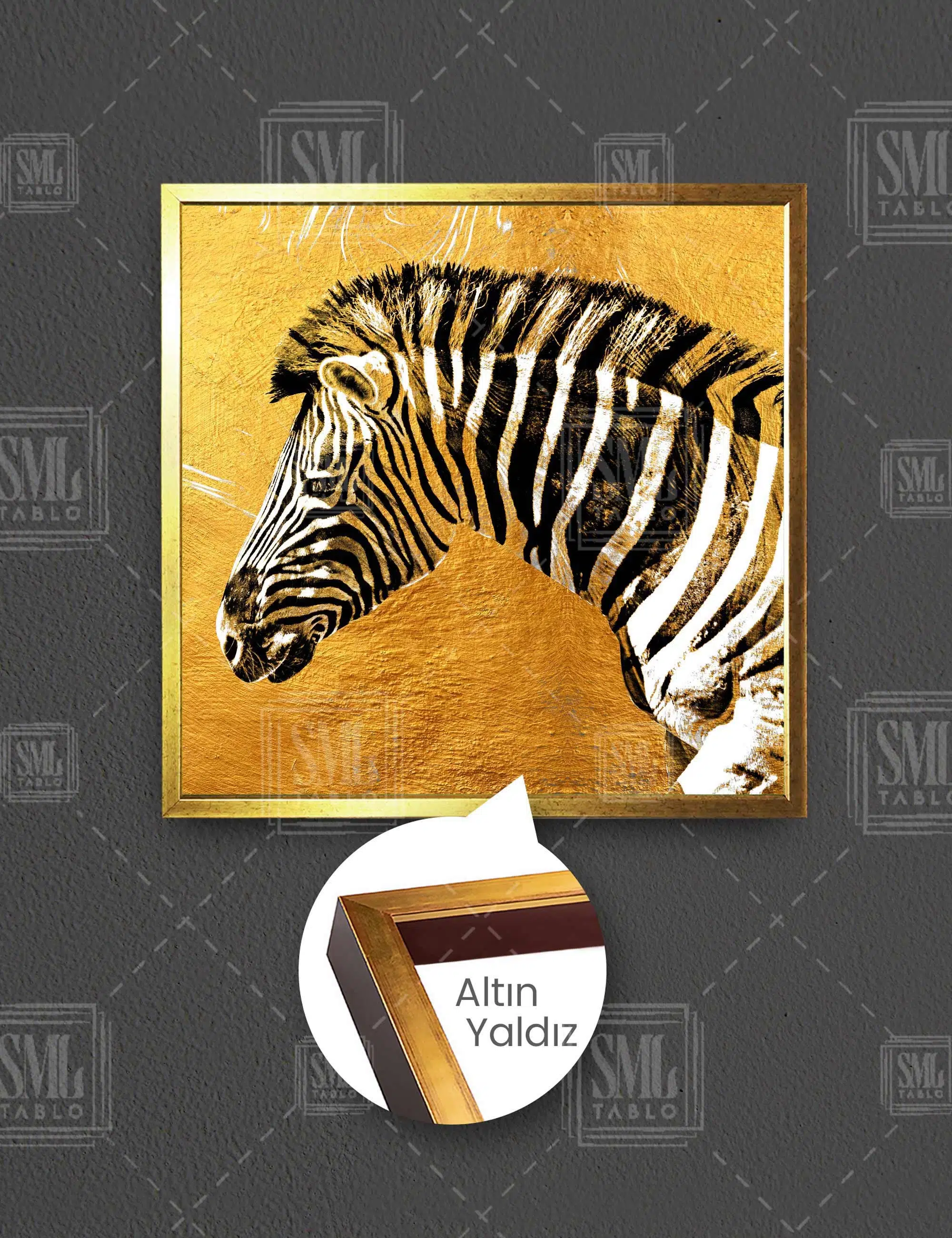 Altın Zebra Hayvan Afrika Modern Gold Lüks Dekor Kare Çerçeveli Kanvas Tablo