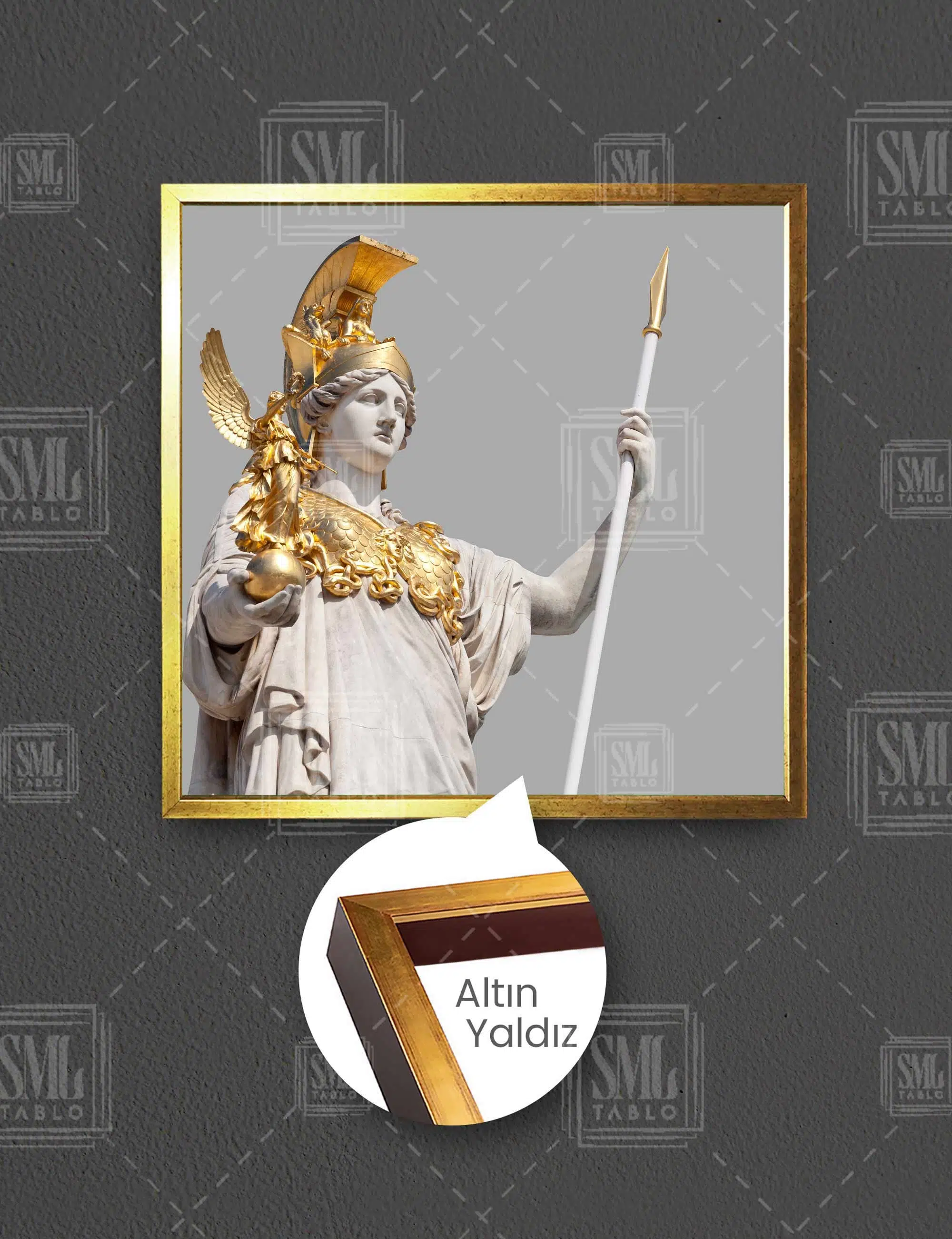 Altın Zırhlı Mızraklı Athena Adalet Tanrıçası Yunan Mitolojisi Kare Çerçeveli Kanvas Tablo
