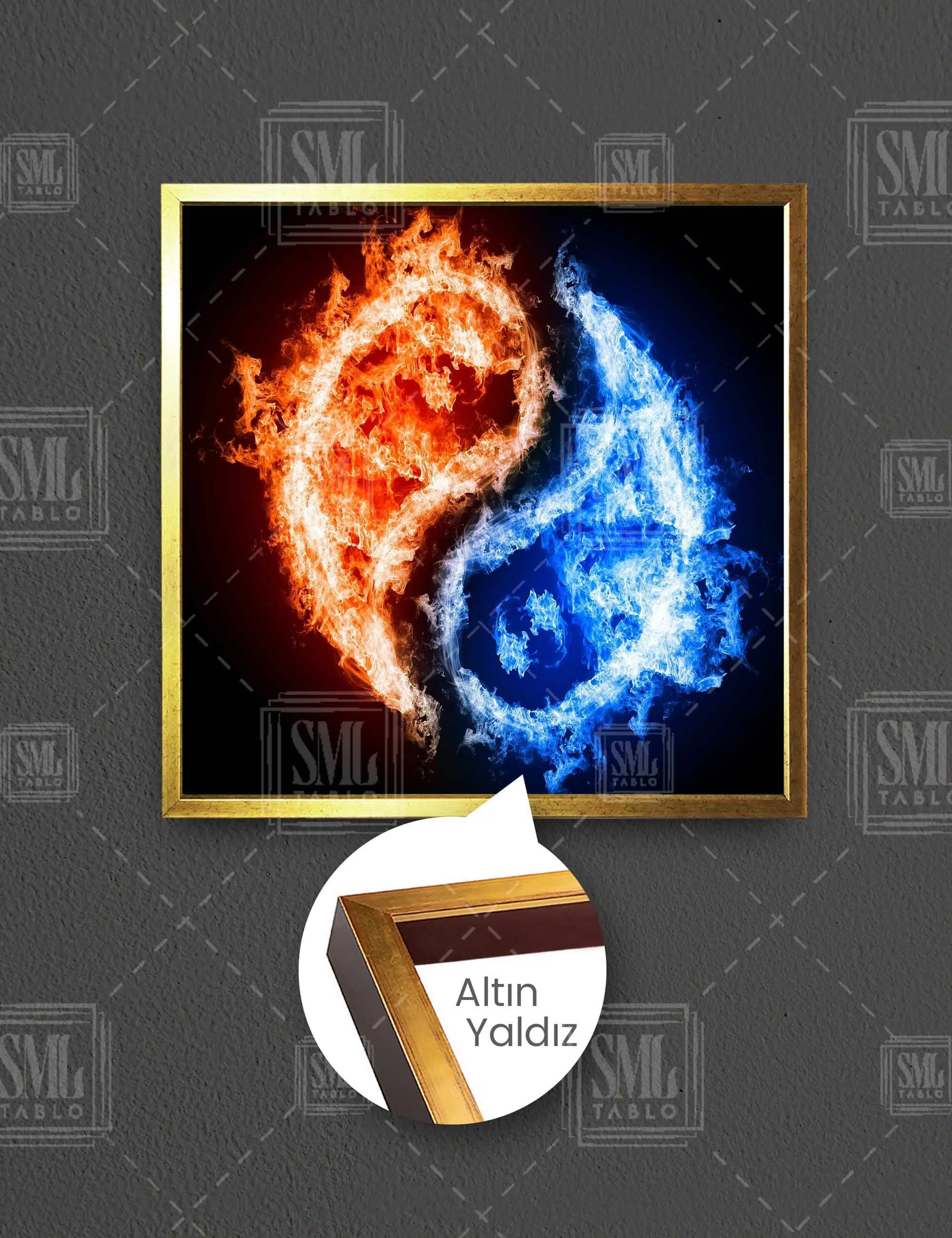Ateş Ve Su Ying Yang Eşitlik Zıtlık Güç Kare Çerçeveli Kanvas Tablo