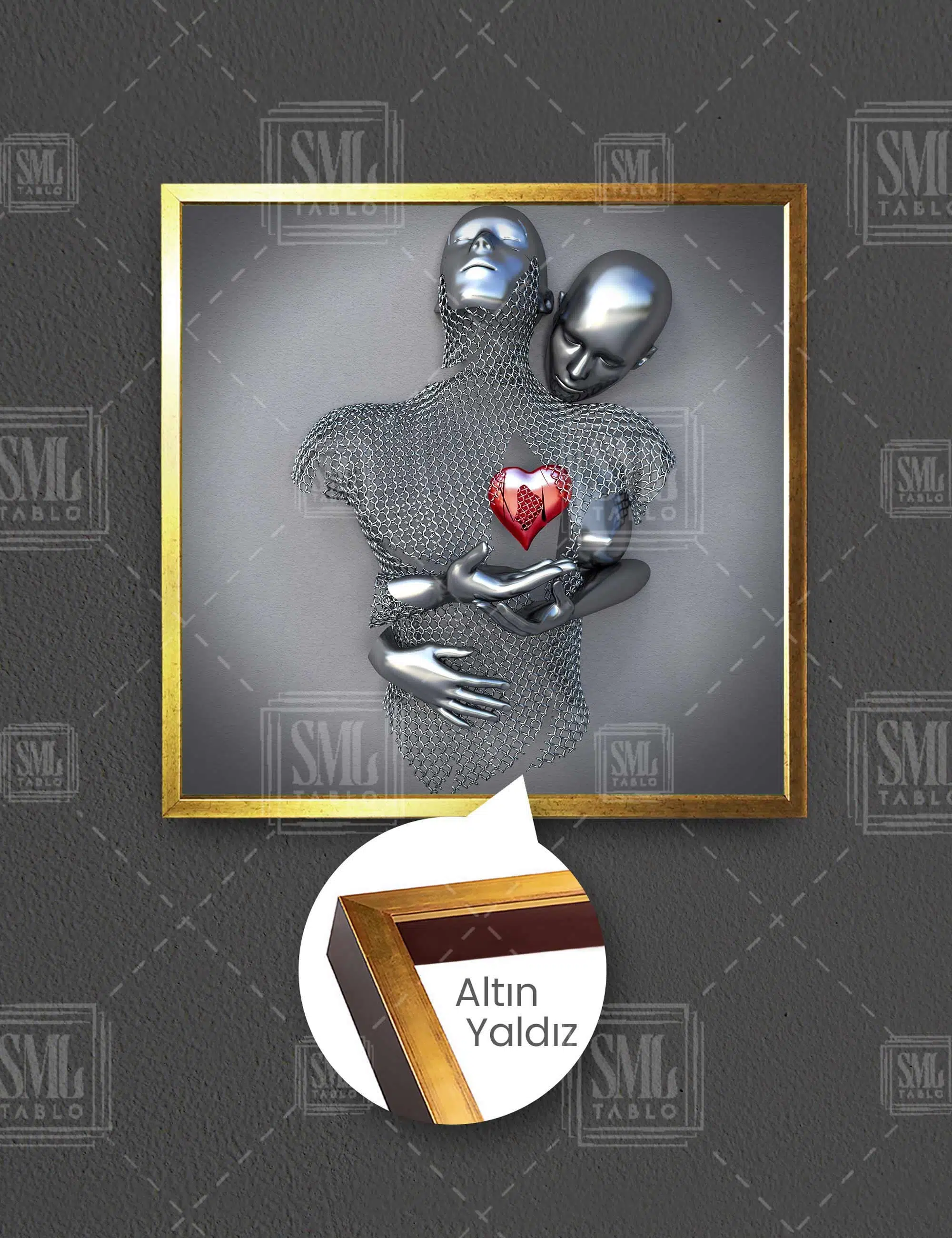 Birbibirine Sarılan Kırmızı Kalpli Metal Çift Zincir Love Aşk Dekor Kare Çerçeveli Kanvas Tablo
