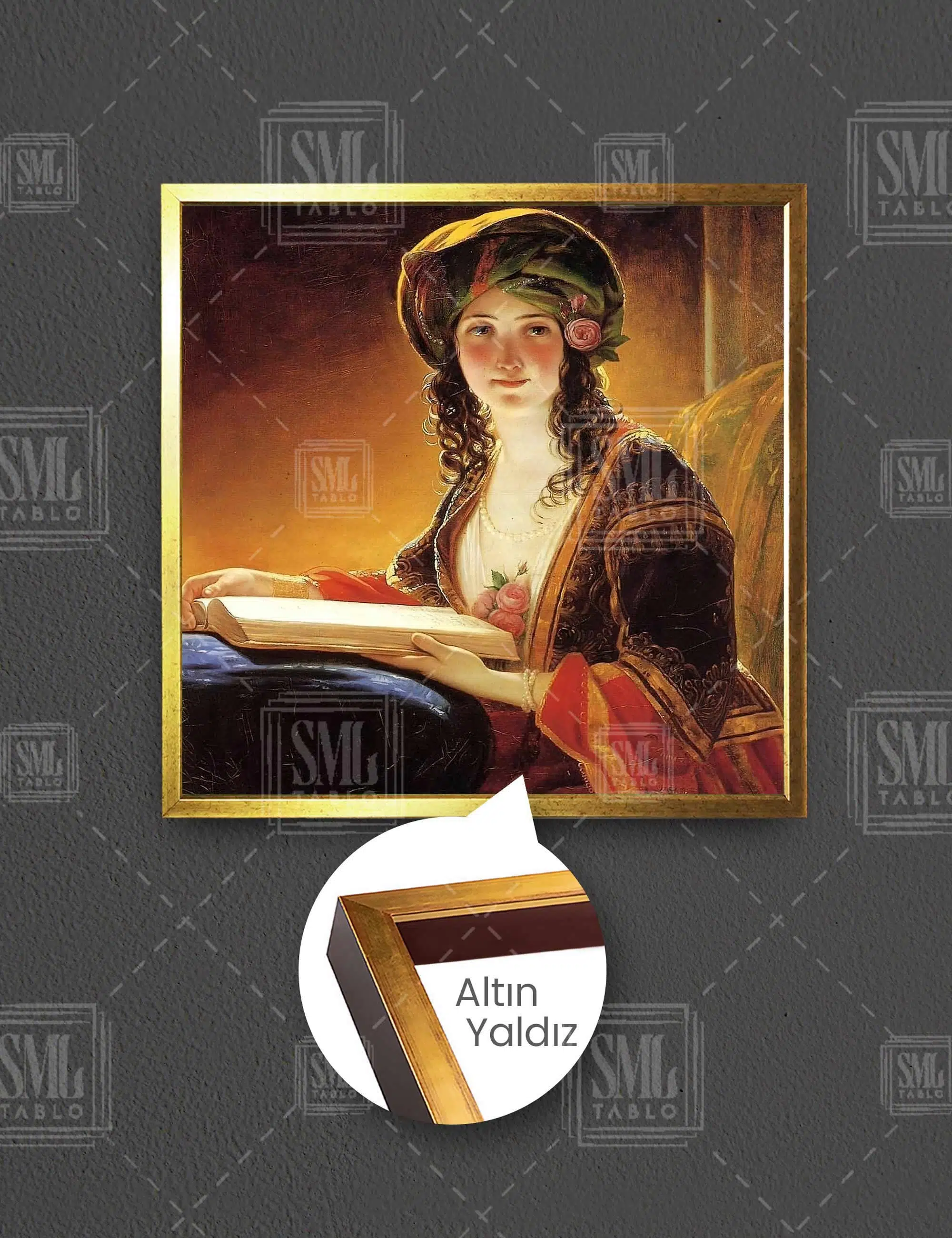 Kulağına Gül Takmış Kitap Okuyan Kadın Osmanlı Dekor Kare Çerçeveli Kanvas Tablo