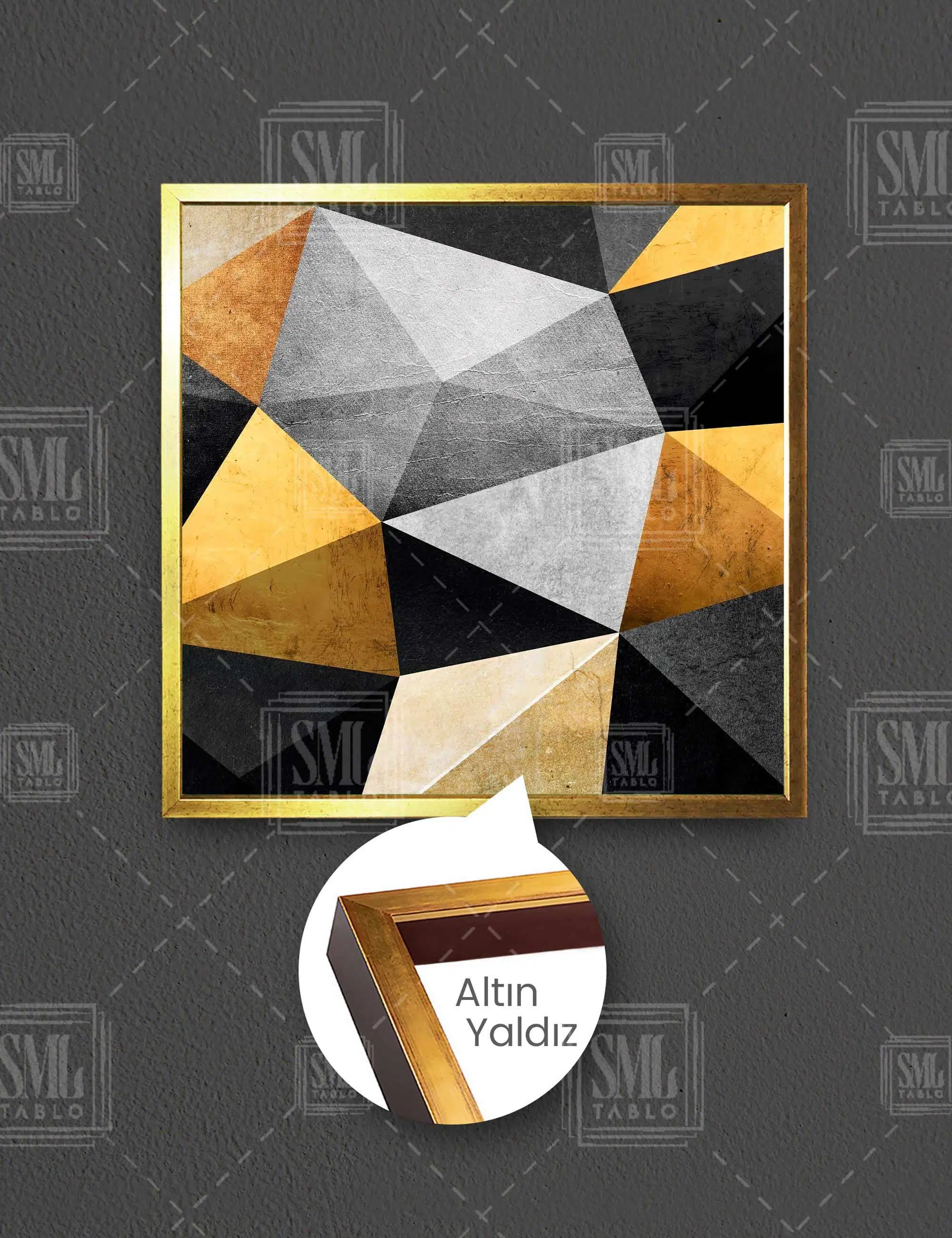 Kübik Şekiller Modern Sanat Altın Gold Siyah Lüks Dekor Kare Çerçeveli Kanvas Tablo