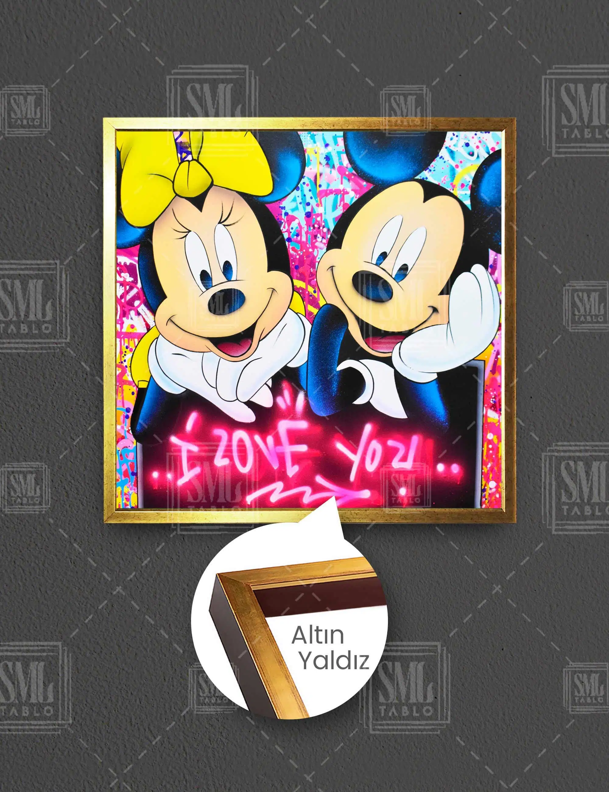 Minnie And Mickey Loves Miki Ve Mini Aşkı Kare Çerçeveli Kanvas Tablo