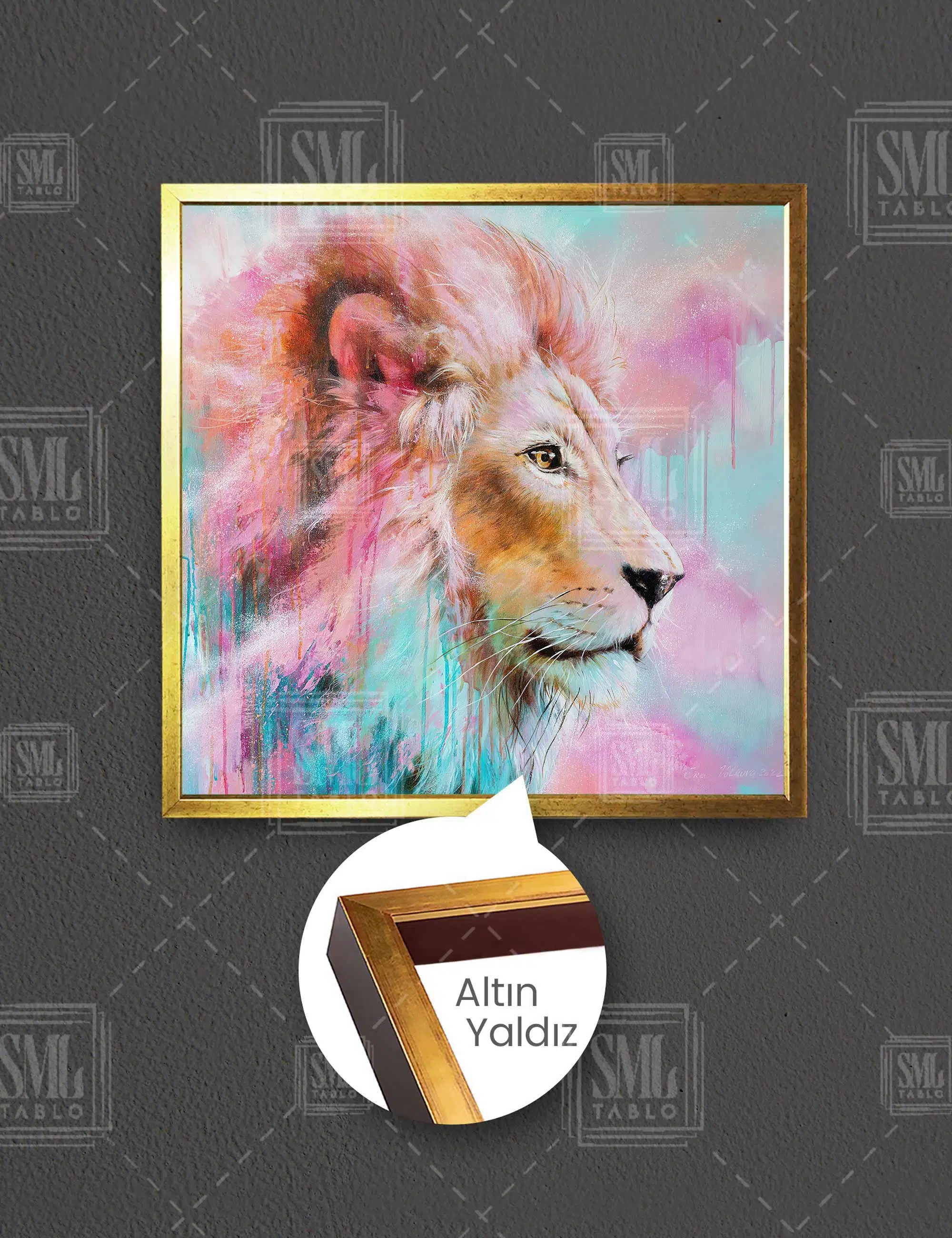 Pembe Turkuaz Aslan Pastel Tonlar Naif Sanat Vahşi Hayvan Dekor Kare Çerçeveli Kanvas Tablo