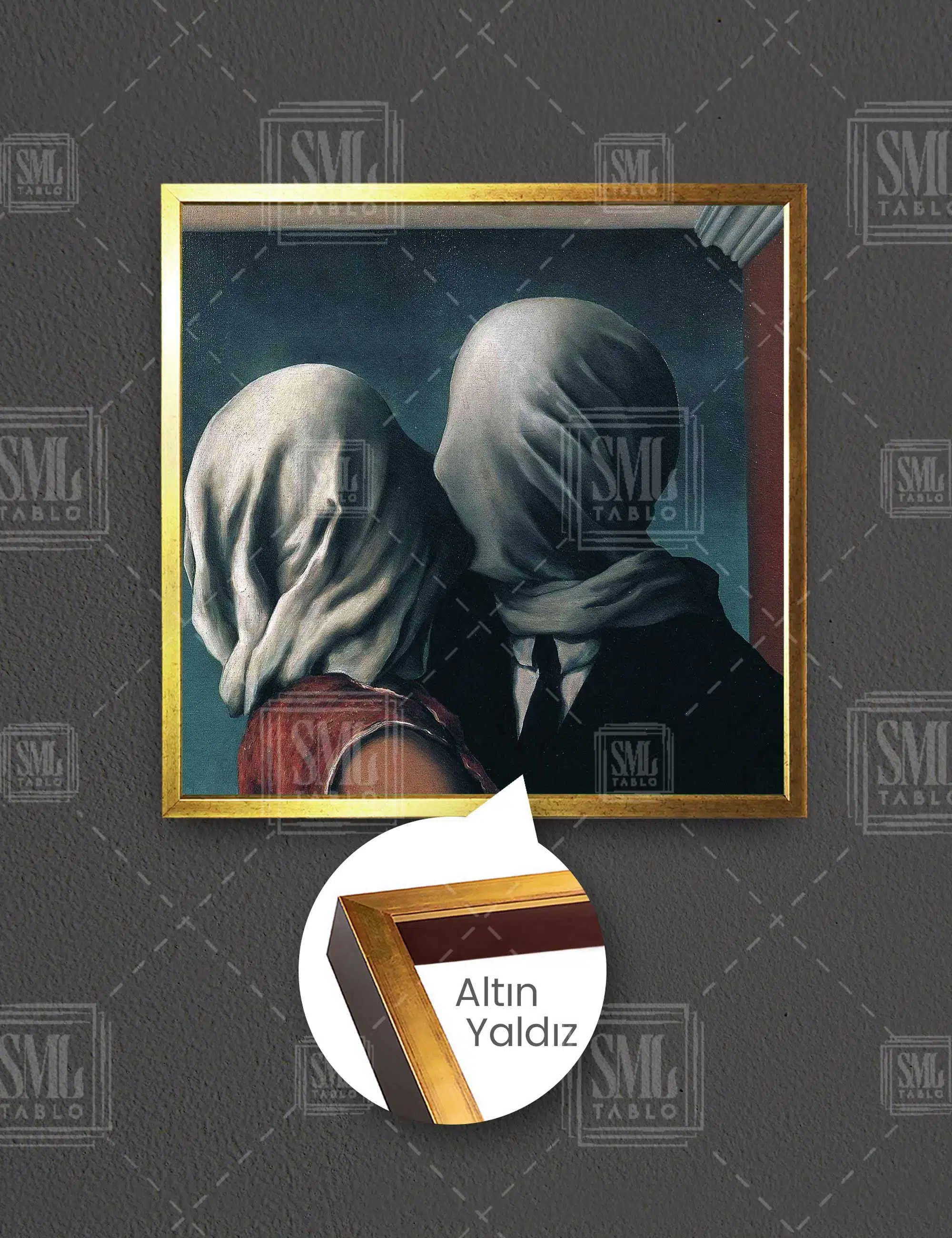 Ressam Rene Magritte Aşıklar Eseri Öpüşen Çift Sanat Kare Çerçeveli Kanvas Tablo