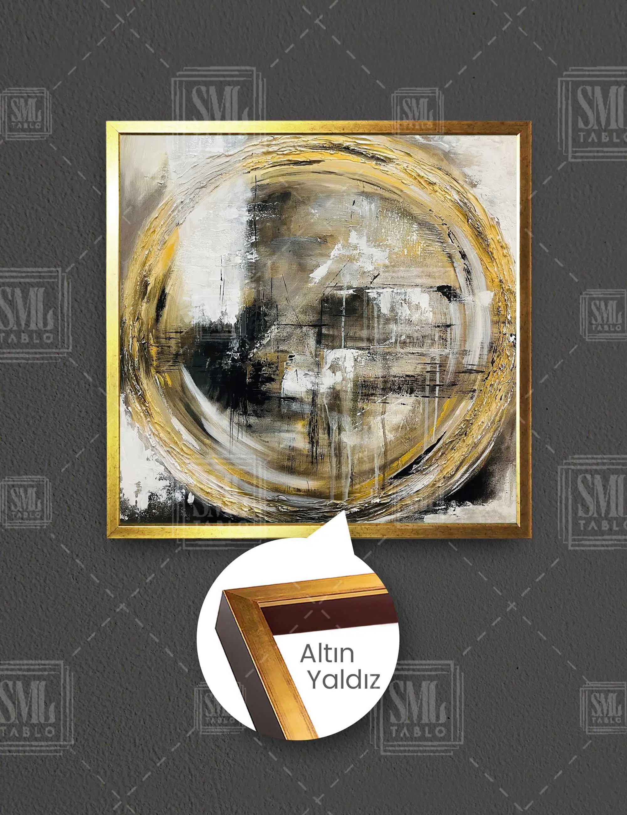 Siyah Gold Dokusal Altın Çember Tekstüre Abstract Lüks Dekor Kare Çerçeveli Kanvas Tablo