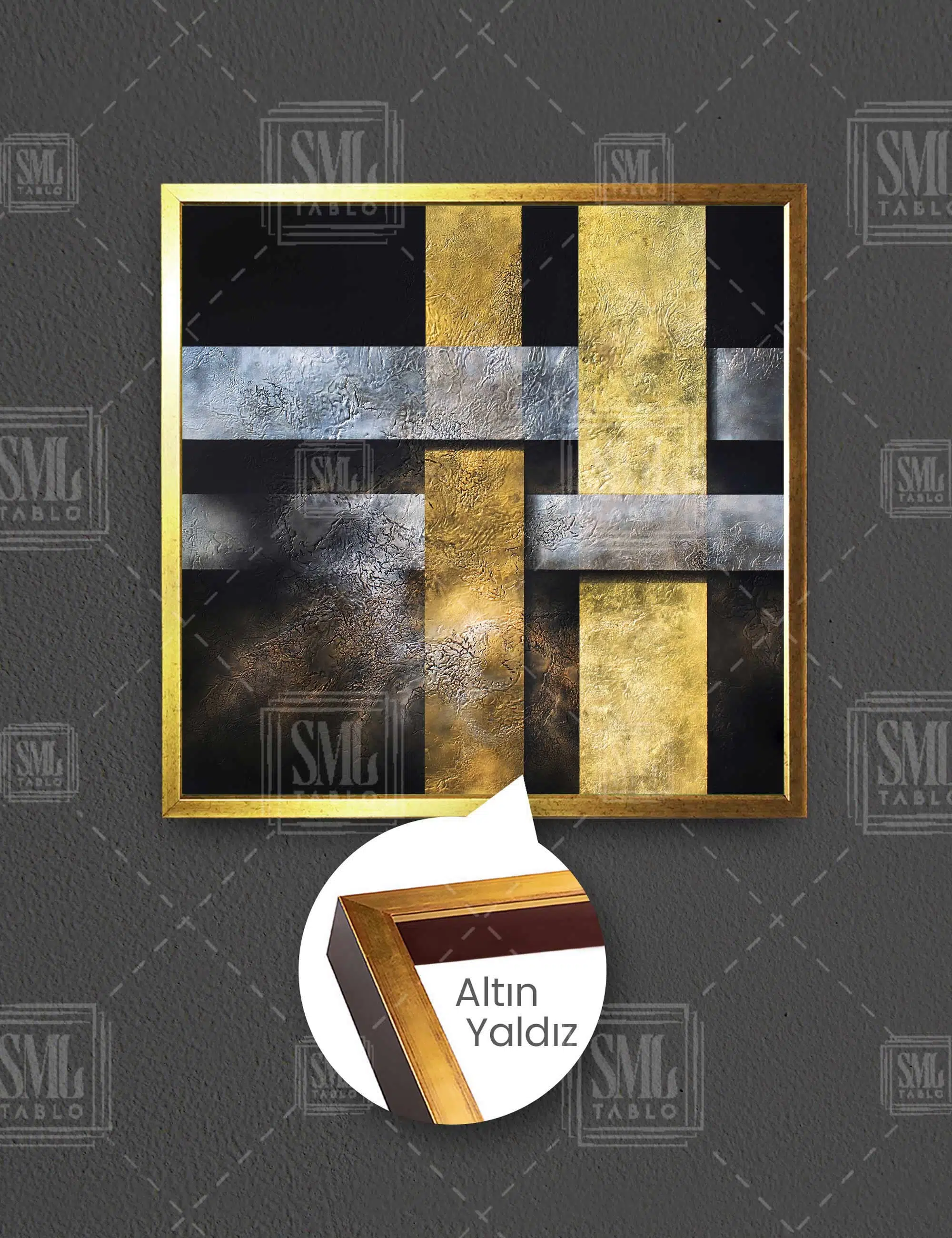 Siyah Gold İç İçe Geçmiş Altın Dikdörtgenler Modern Lüks Dekor Kare Çerçeveli Kanvas Tablo