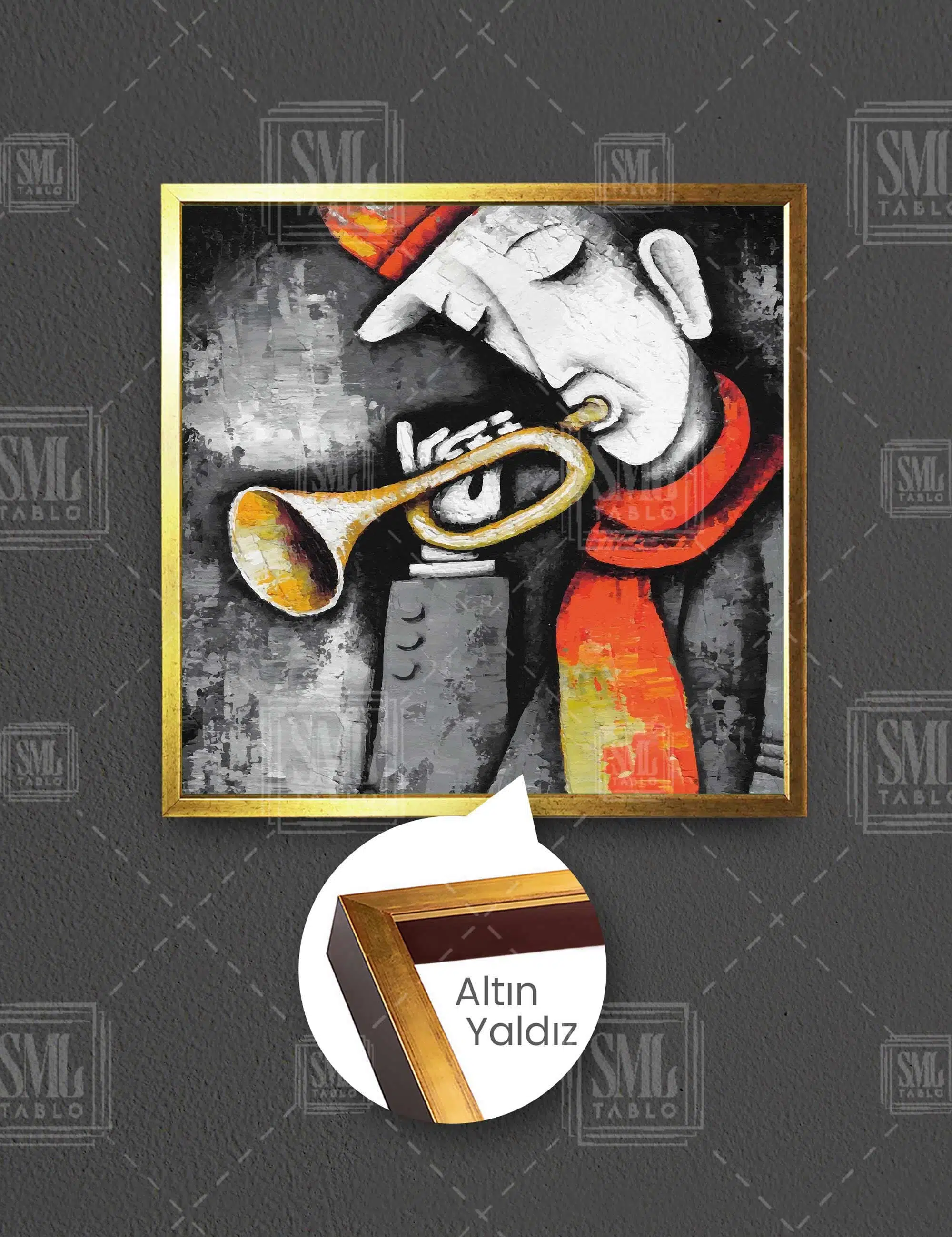 Turuncu Atkılı Borazan Çalan Adam Sokak Sanatcısı Müzik Aşkı Art Dekor Kare Çerçeveli Kanvas Tablo