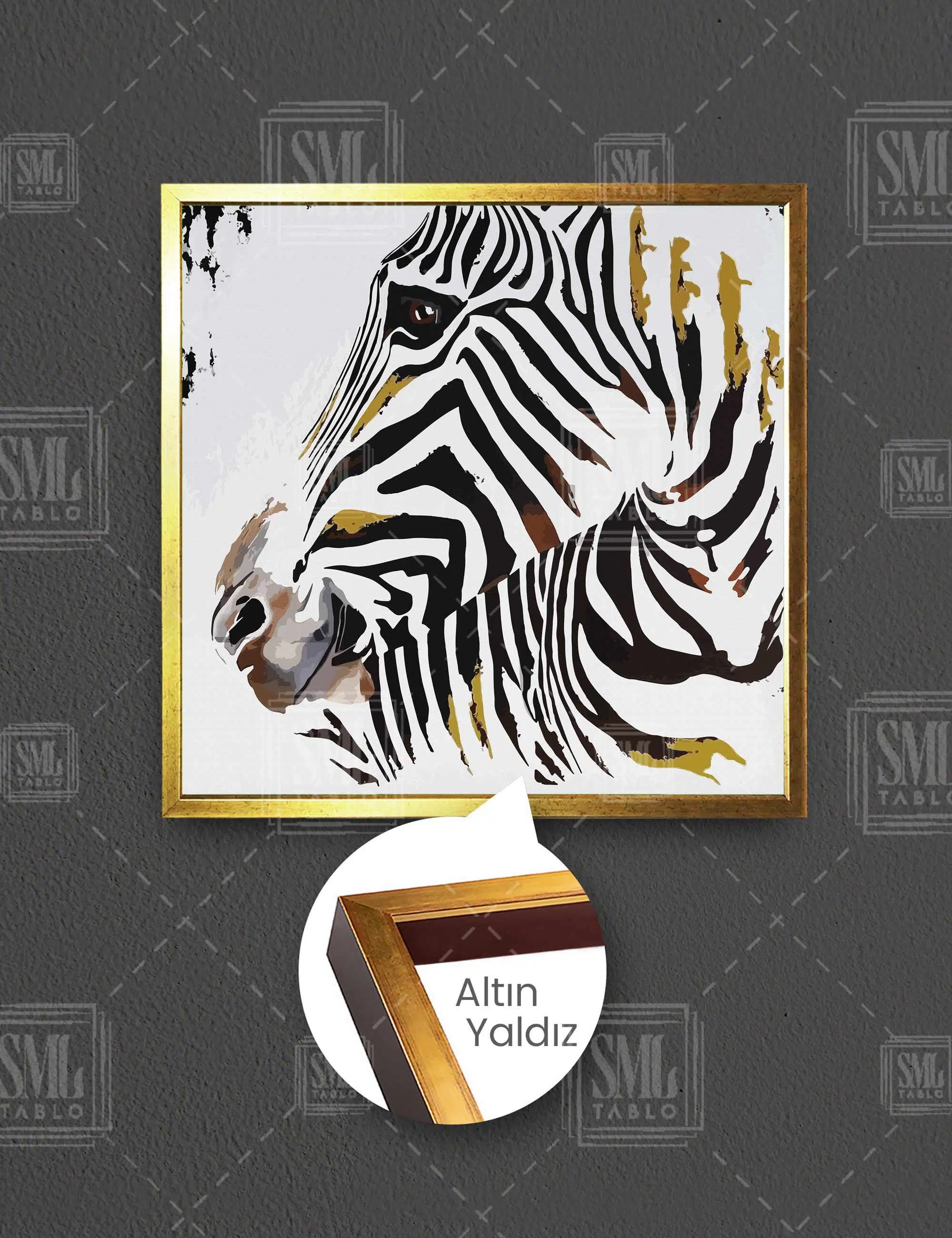 Zebra Kafası Siyah Beyaz Gold Dekor Art Hayvan Kare Çerçeveli Kanvas Tablo