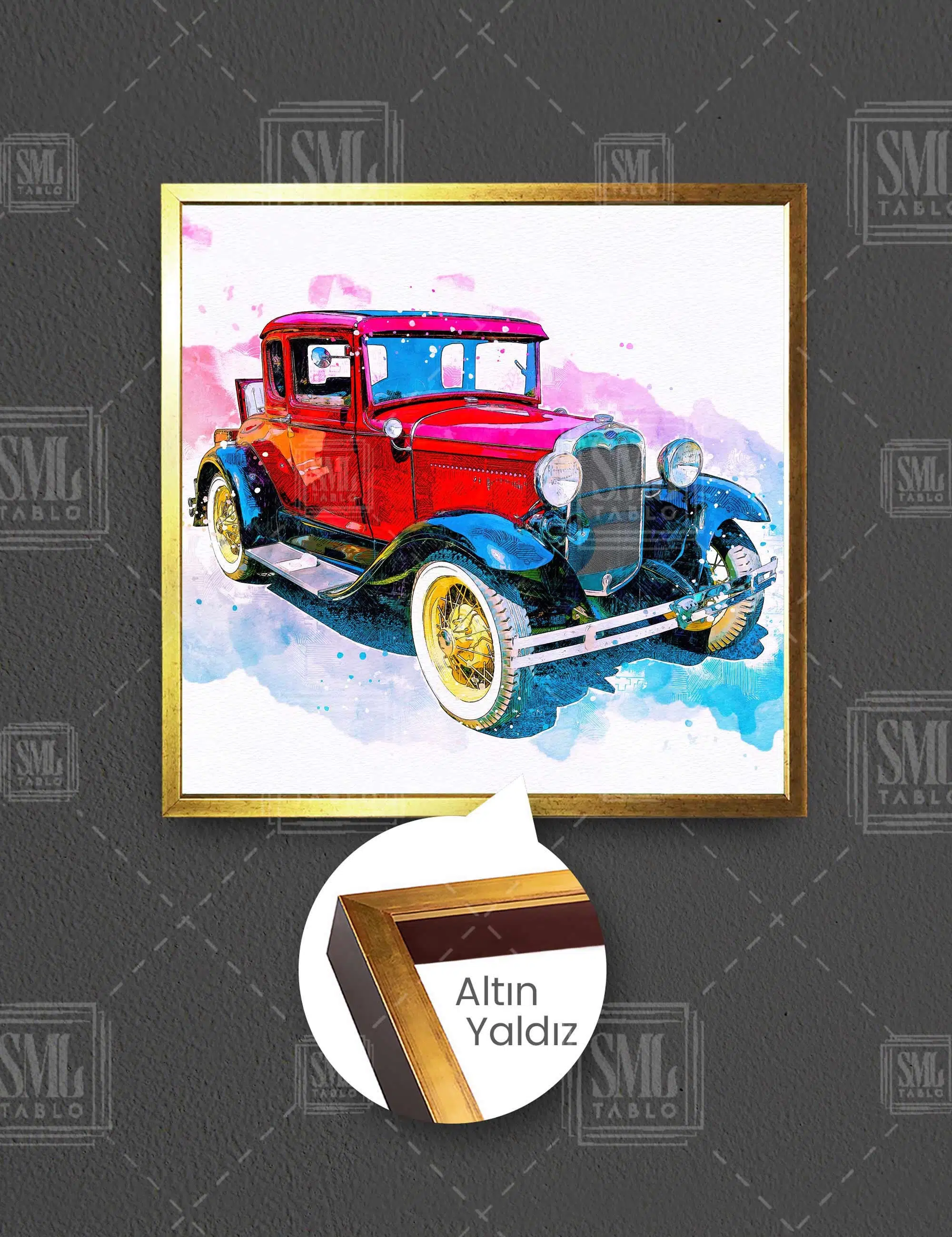 Eski Model Vintage Kırmızı Araba İlüstrasyon Çizim Kare Çerçeveli Kanvas Tablo
