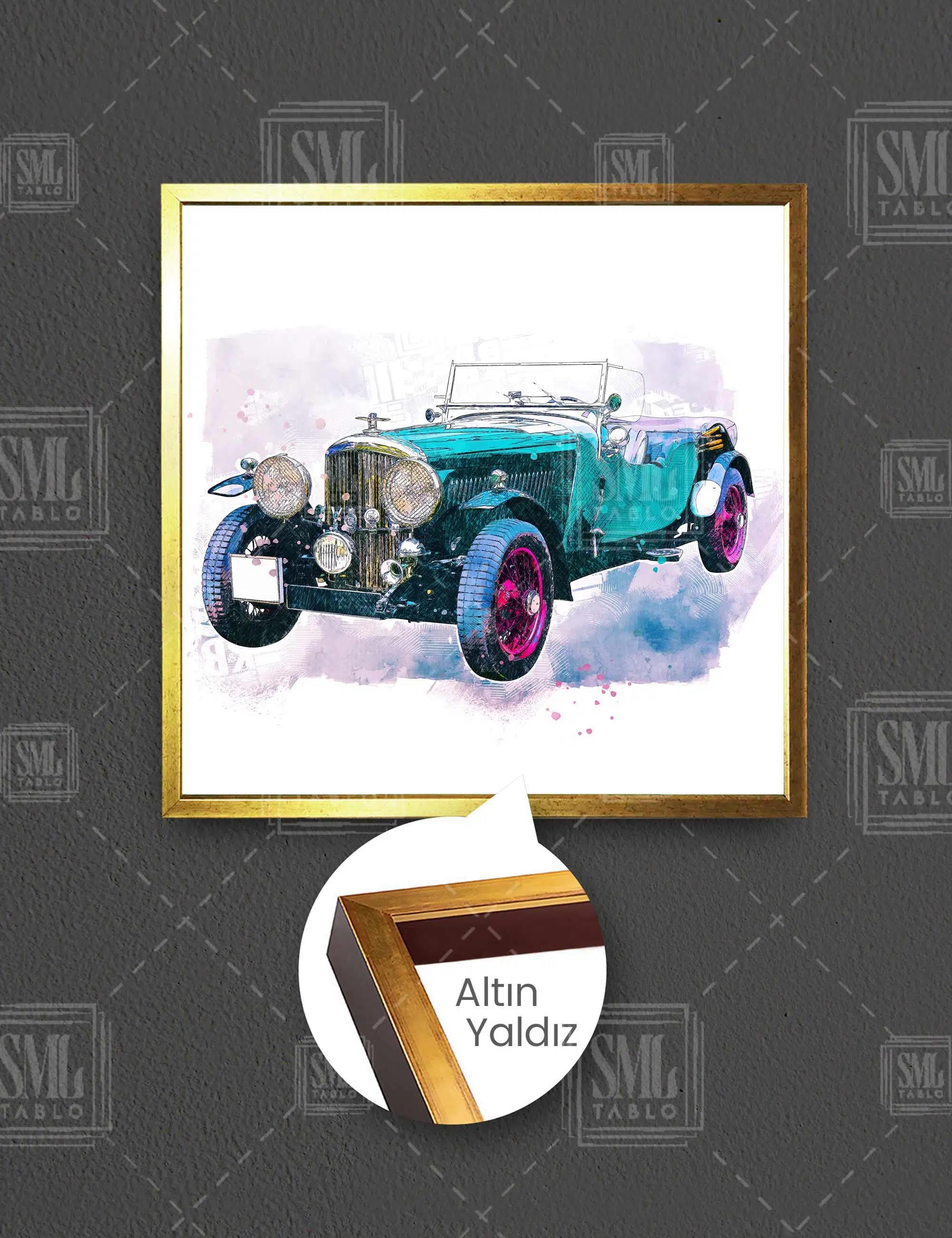 Eski Model Vintage Mavi Araba İlüstrasyon Çizim Kare Çerçeveli Kanvas Tablo