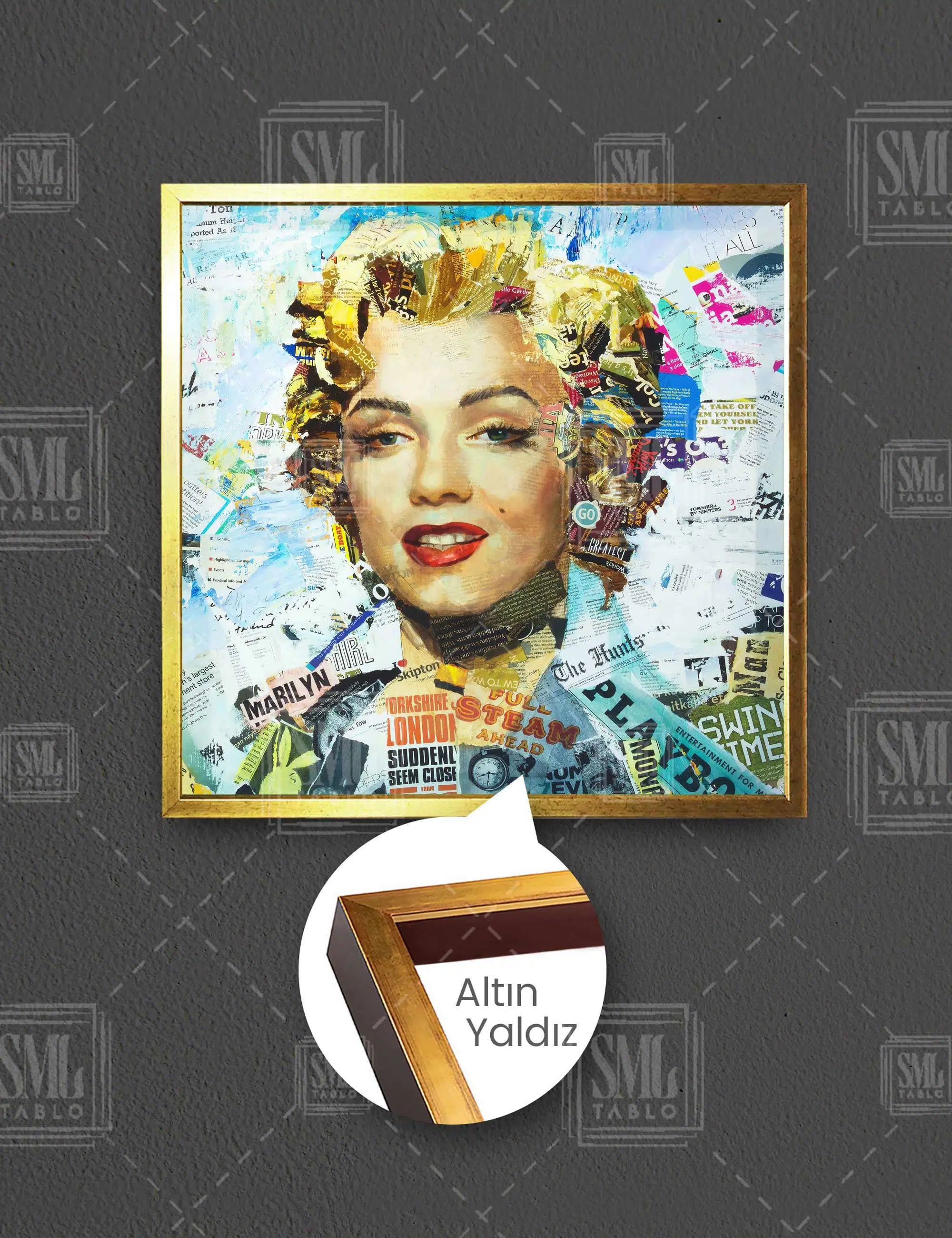 Marliyn Monroe Portre Gazete Sayfaları Kolaj Kare Çerçeveli Kanvas Tablo