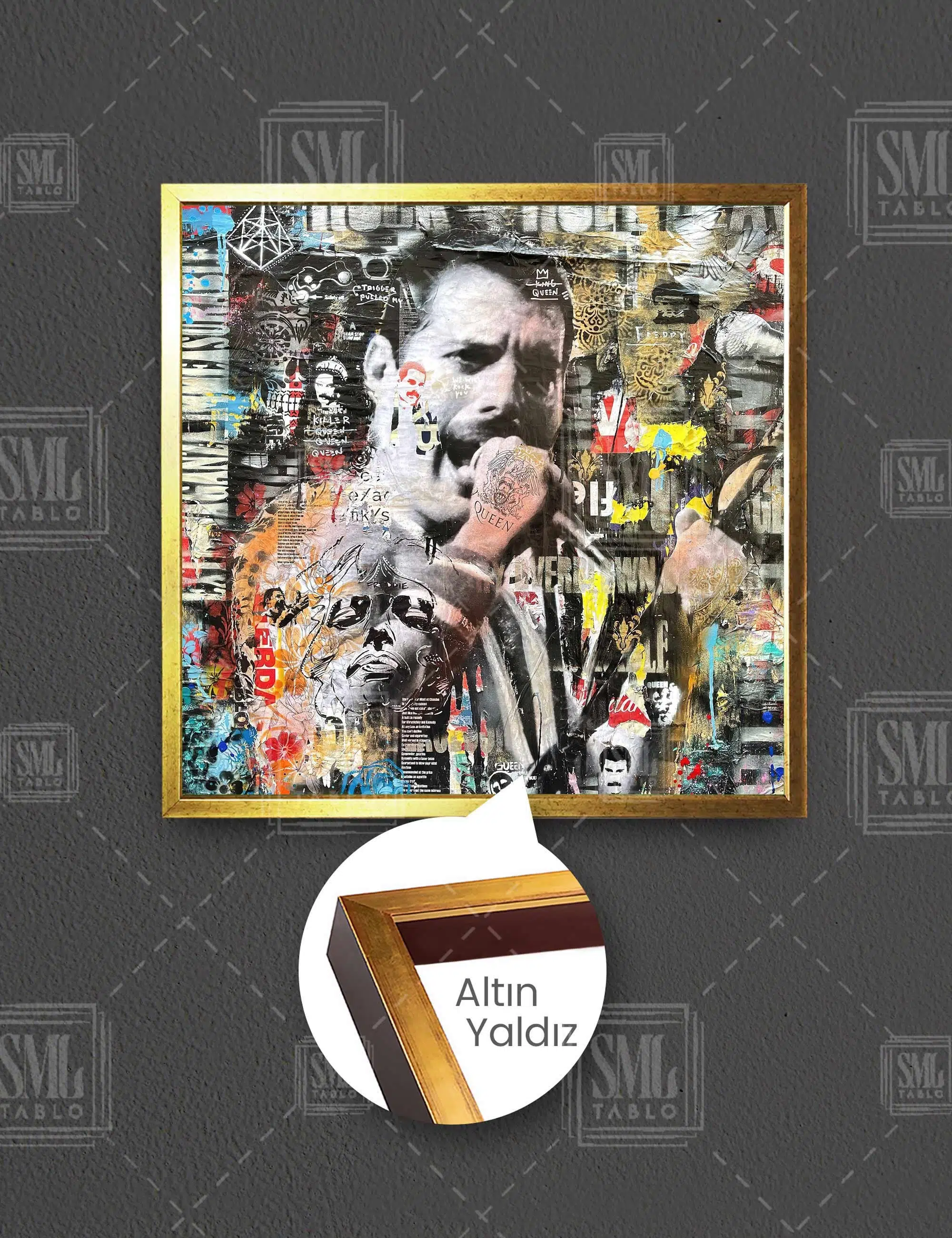 Quenn Rock N Roll Freddie Mercury Grafiti Kare Çerçeveli Kanvas Tablo