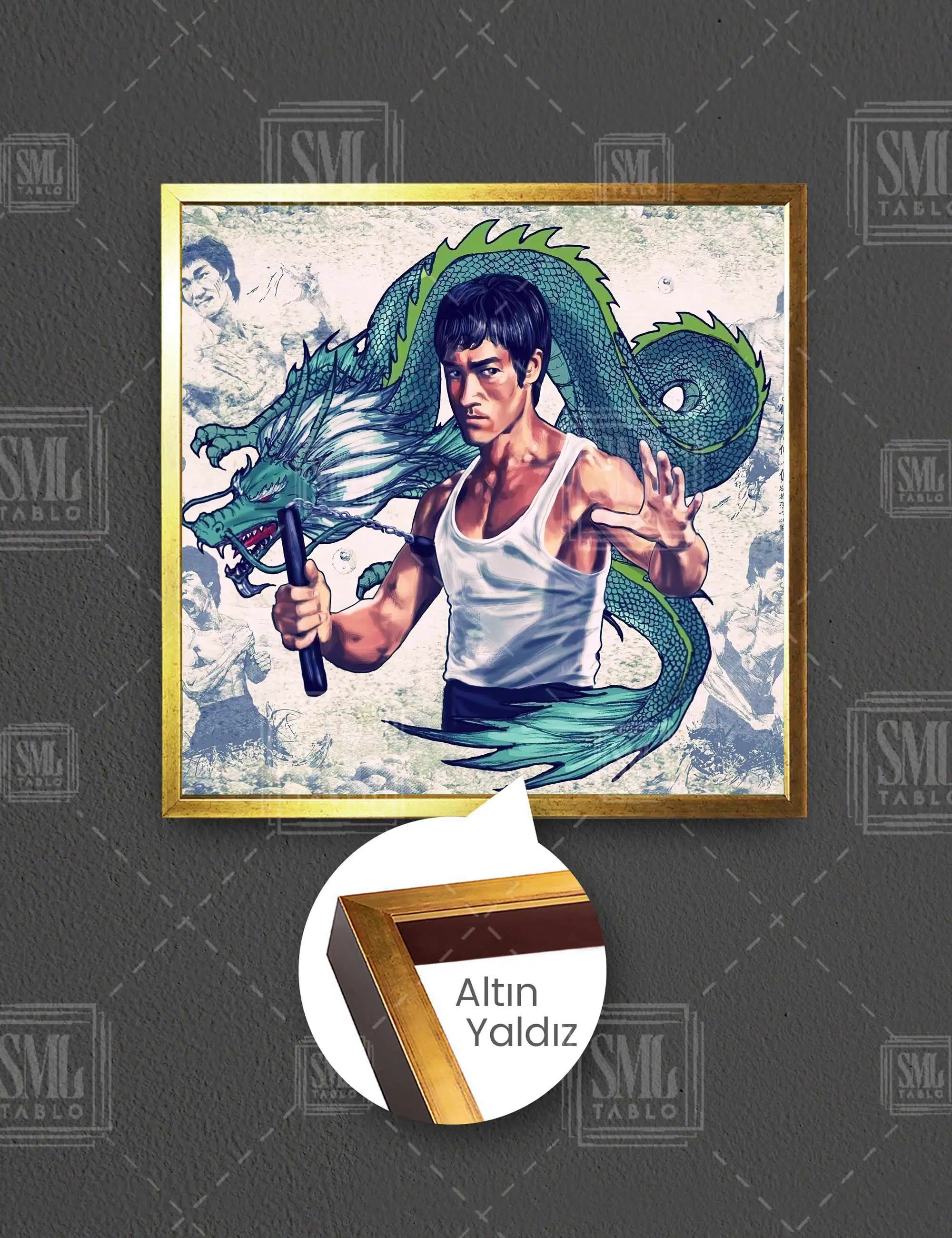 Uzak Doğu Dövüş Sanatları Ustası Bruce Lee Ve Ejderha Kare Çerçeveli Kanvas Tablo