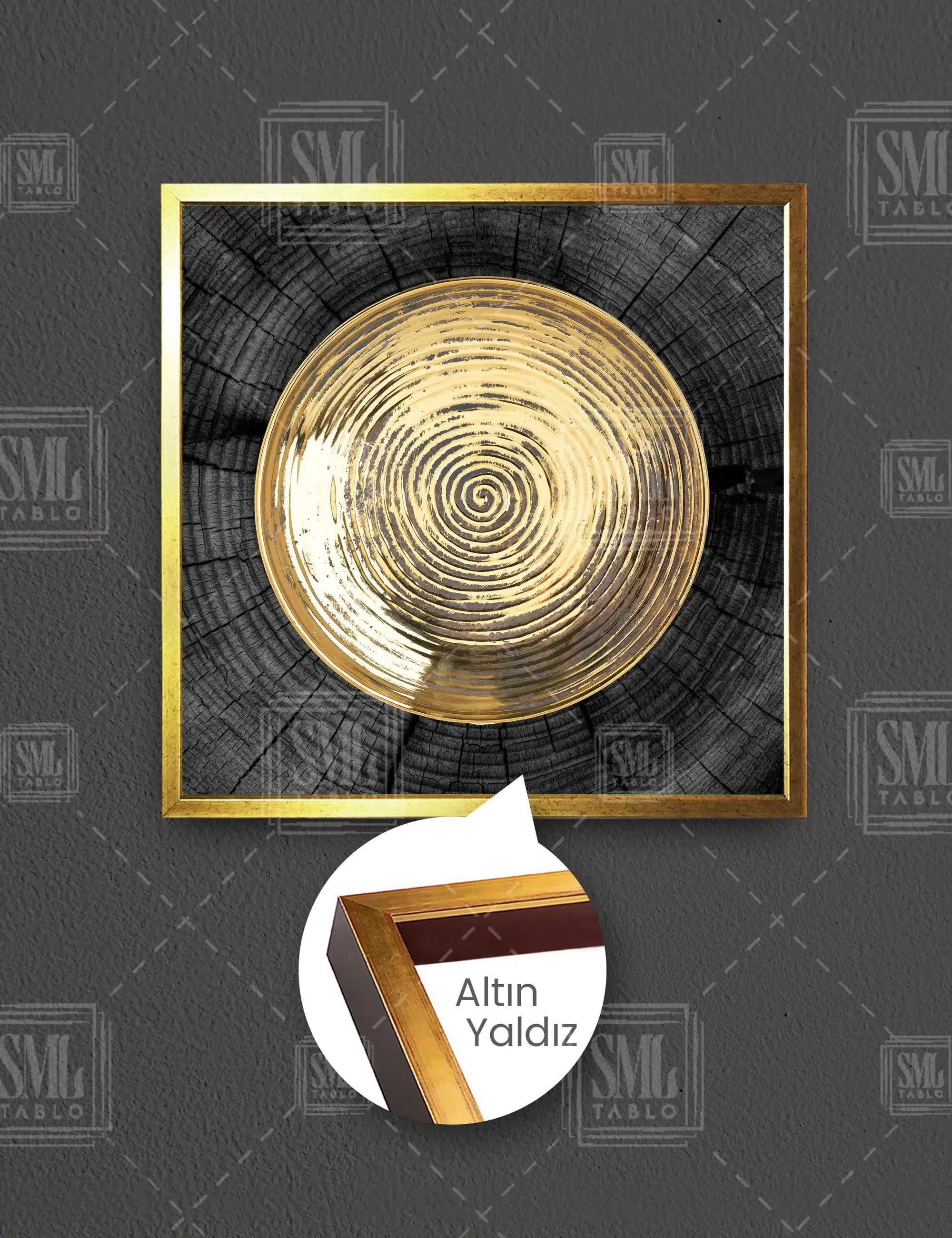 Ağaç Kütüğü Ve Gold Dekor Kare Çerçeveli Kanvas Tablo