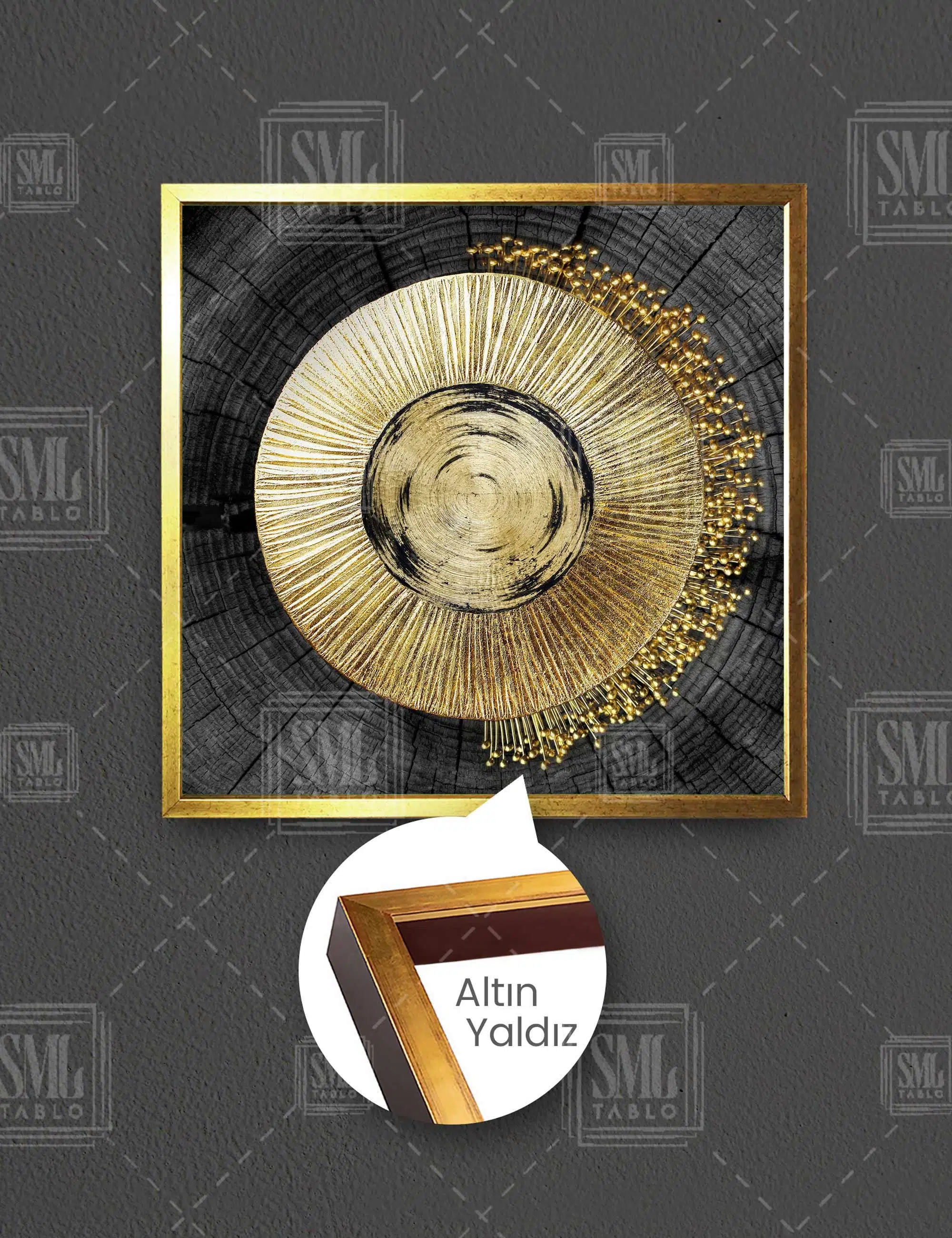 Ağaç Kütüğü Ve Gold Halka İle İnciler Kare Çerçeveli Kanvas Tablo