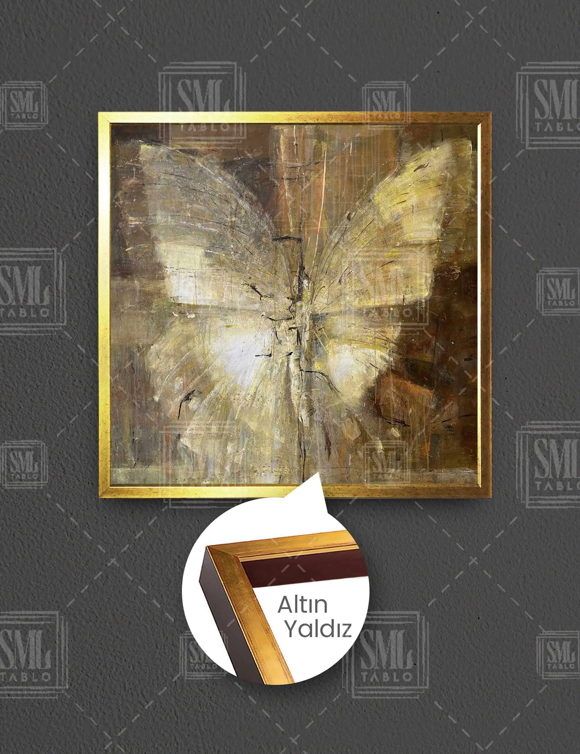 Kanatları Açık Altın Gold Soyut Kelebek Modern Sanat Dekor Kare Çerçeveli Kanvas Tablo