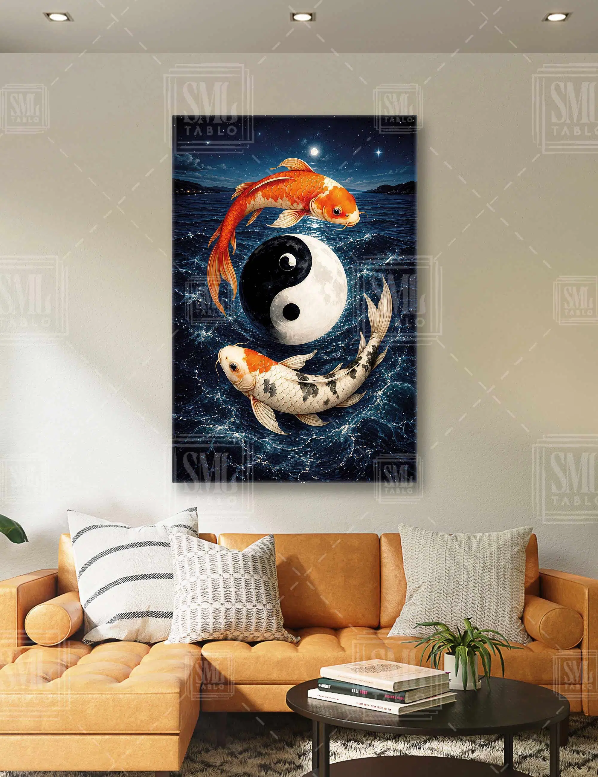 Yin ve Yang Japon Koi Balığı Kırmızı Balık Yinyang Deniz Dikey Kanvas Tablo