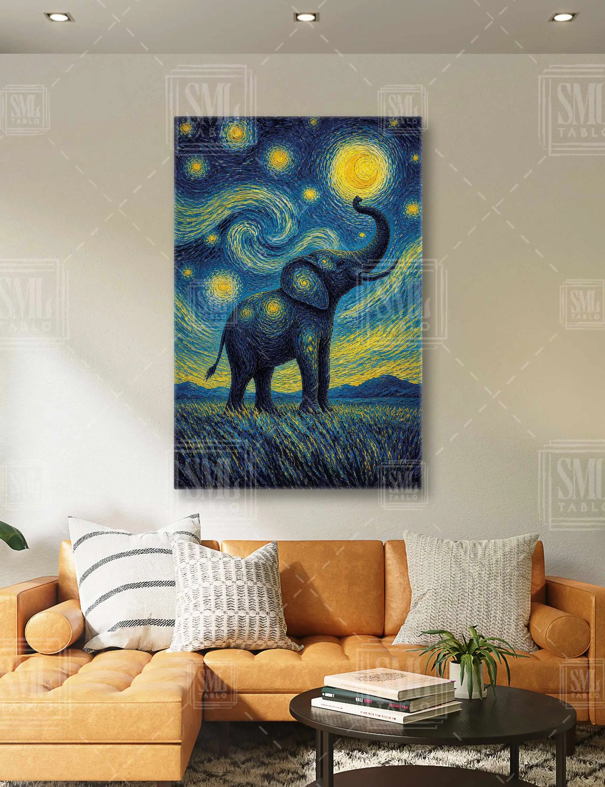 Van Gogh Yıldızlı Gece Fil ve Elephant Dikey Kanvas Tablo