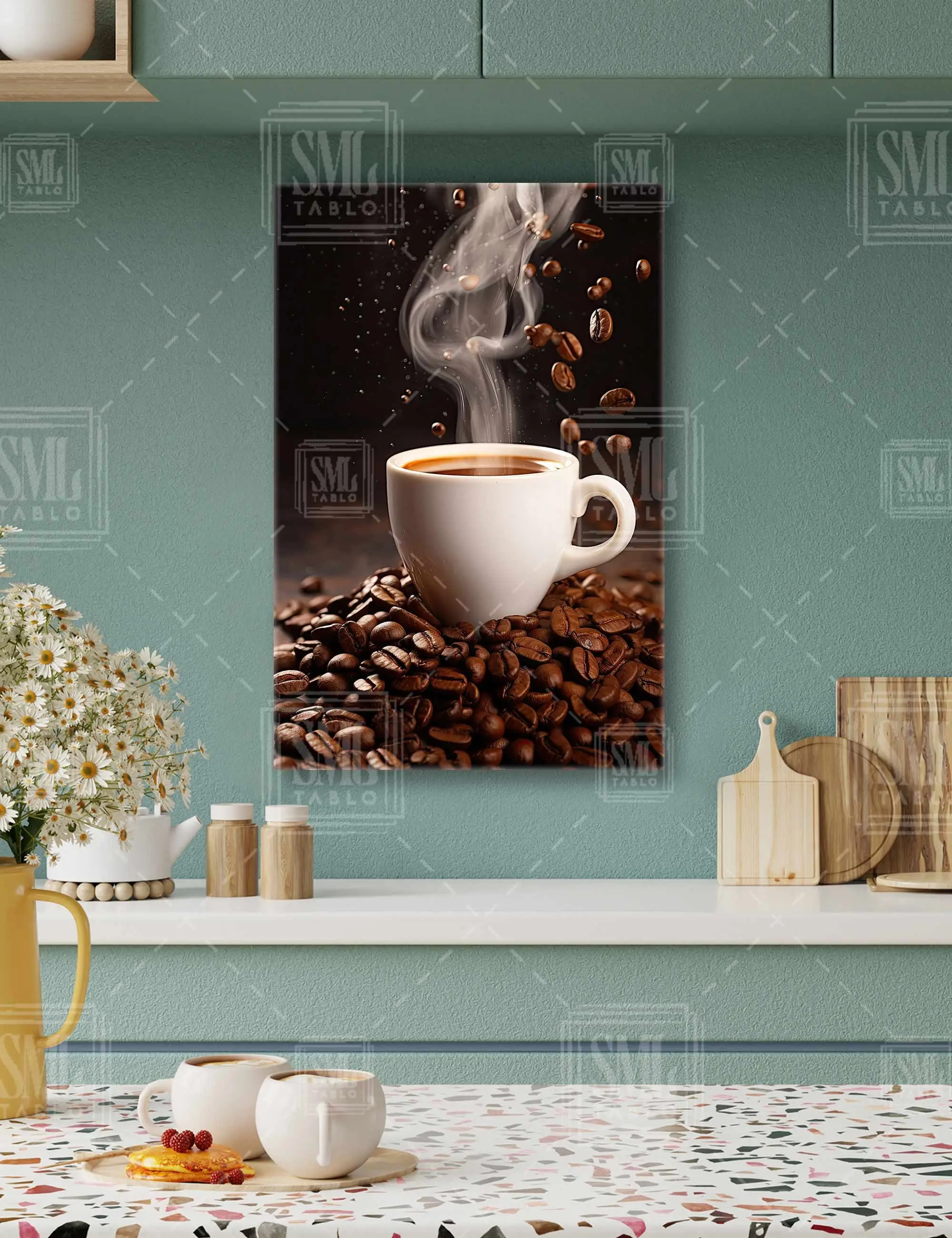 Kavrulmuş Kahve Çekirdeği Fincan Cafe Dekoru Dikey Kanvas Tablo
