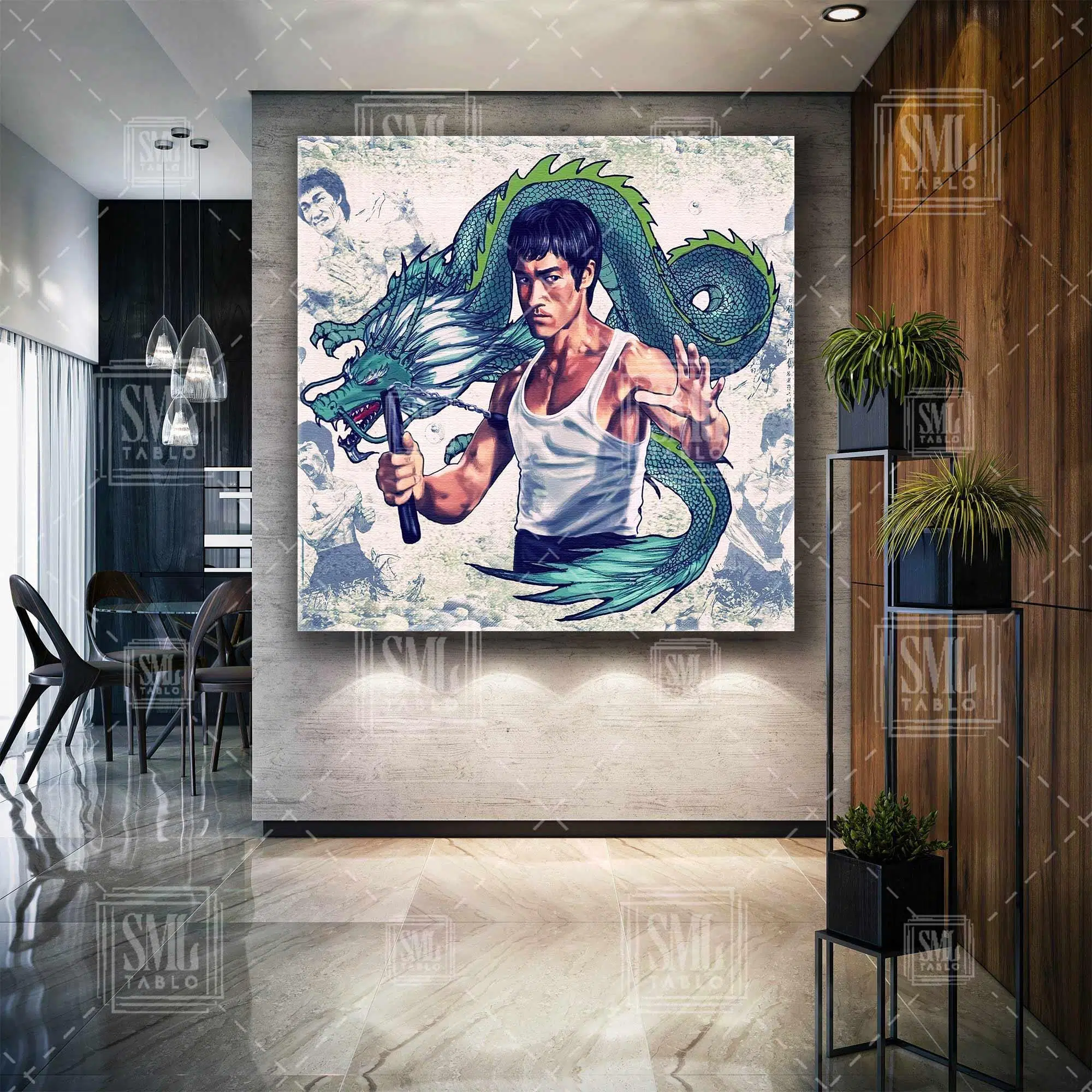 Uzak Doğu Dövüş Sanatları Ustası Bruce Lee Ve Ejderha Kare Kanvas Tablo