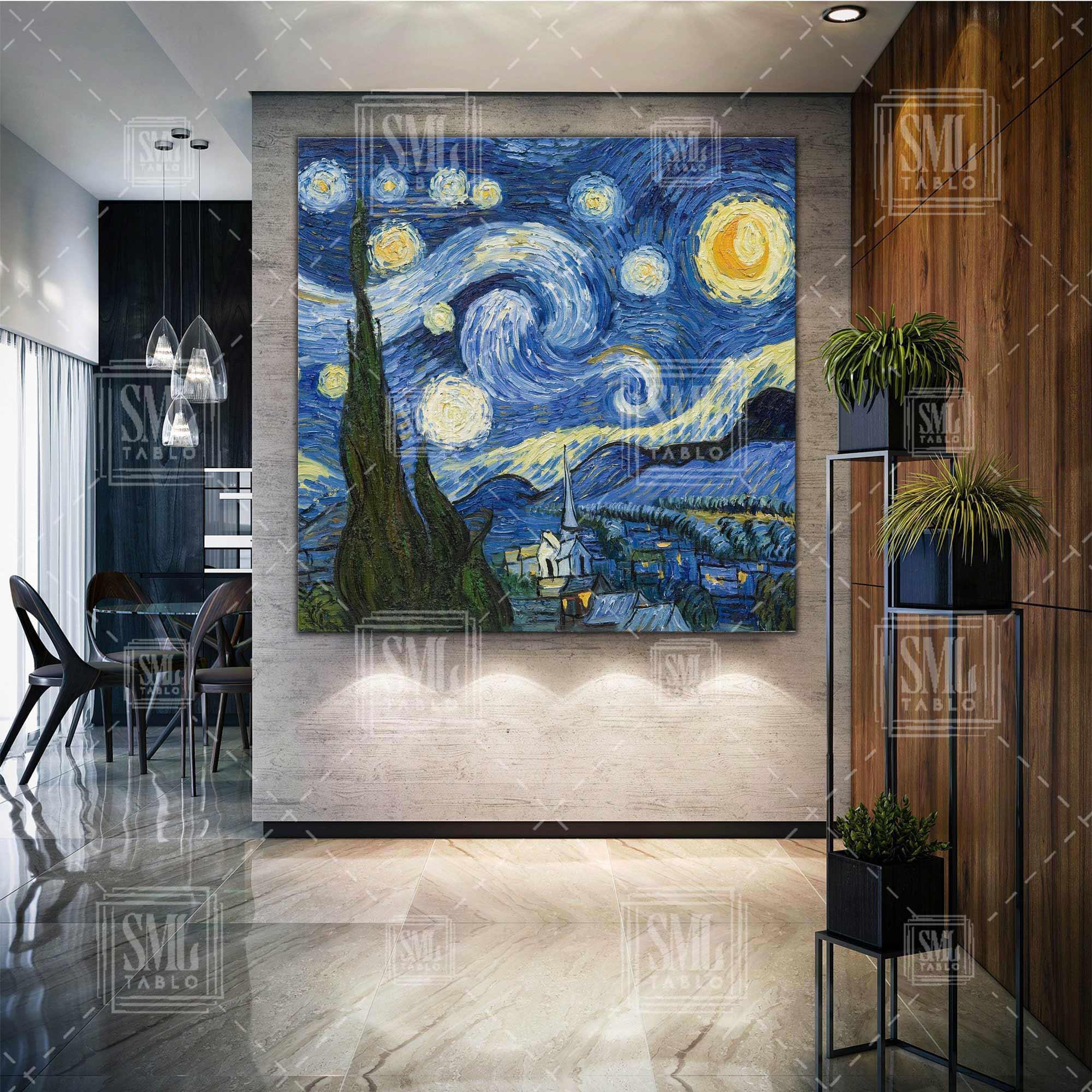 Van Gogh Yıldızlı Gece Tablosu Modern Sanat Yağlı Boya Efektli Kare Kanvas Tablo Van Gogh Yıldızlı Gece Tablosu Modern Sanat Yağlı Boya Efektli Kare Kanvas Tablo