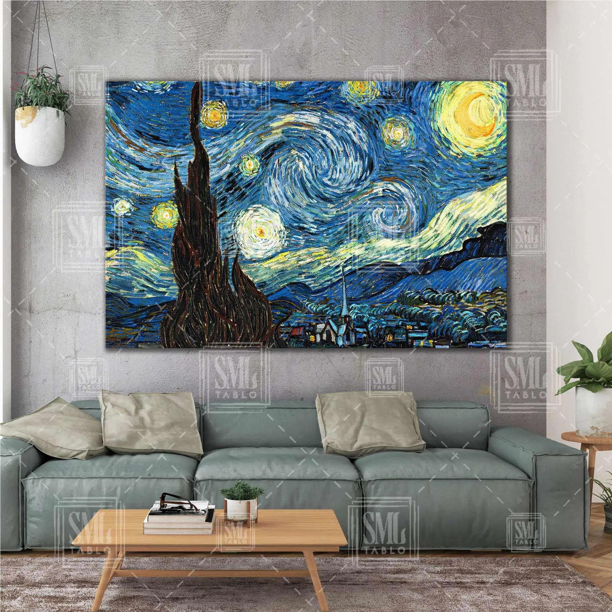 Van Gogh Yıldızlı Gece Tablosu Modern Sanat Yağlı Boya Efektli Yatay Kanvas Tablo