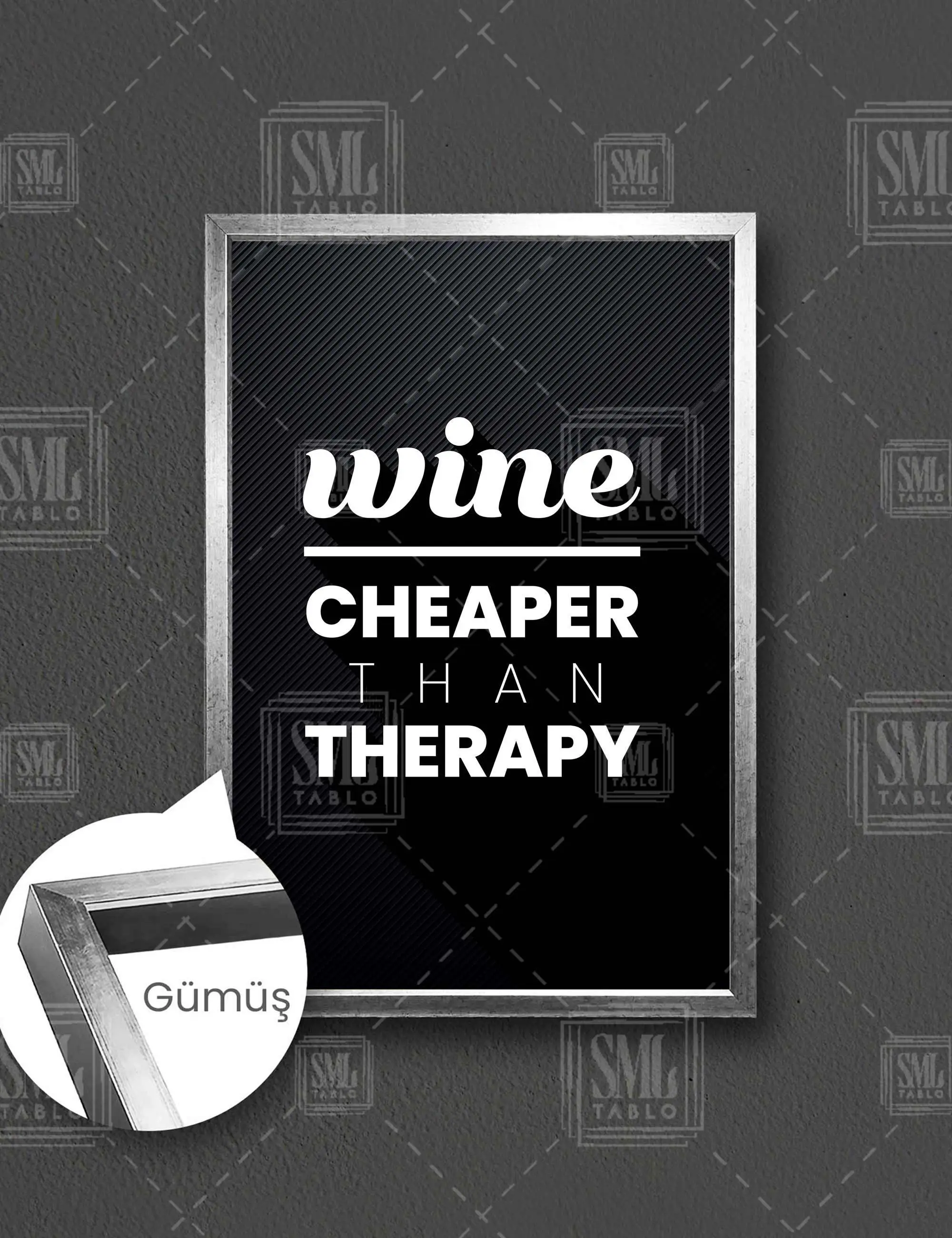 Wine Cheaper Than Therapy Bar Çerçeveli Dikey Kanvas Tablo - Gümüş