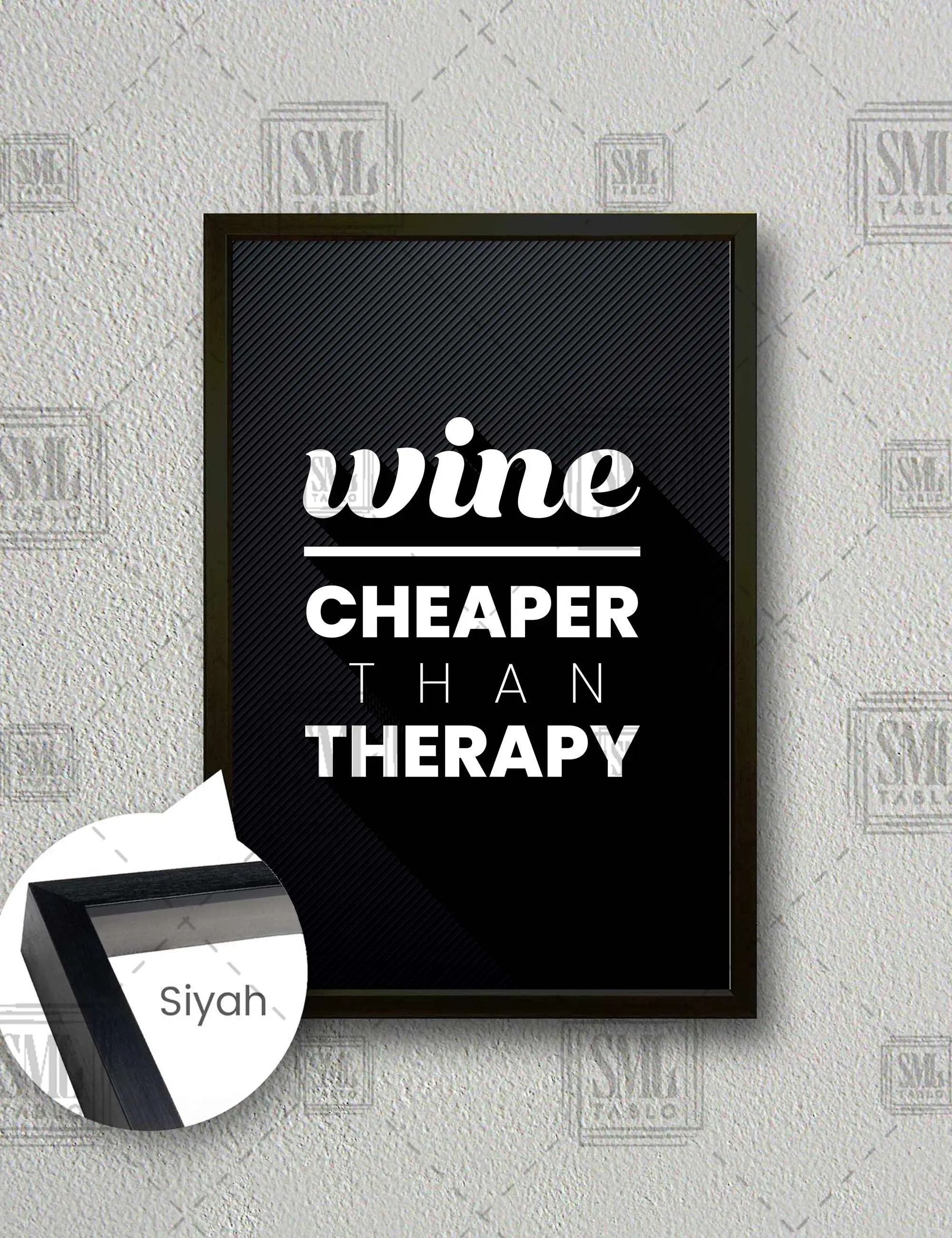 Wine Cheaper Than Therapy Bar Çerçeveli Dikey Kanvas Tablo - Siyah