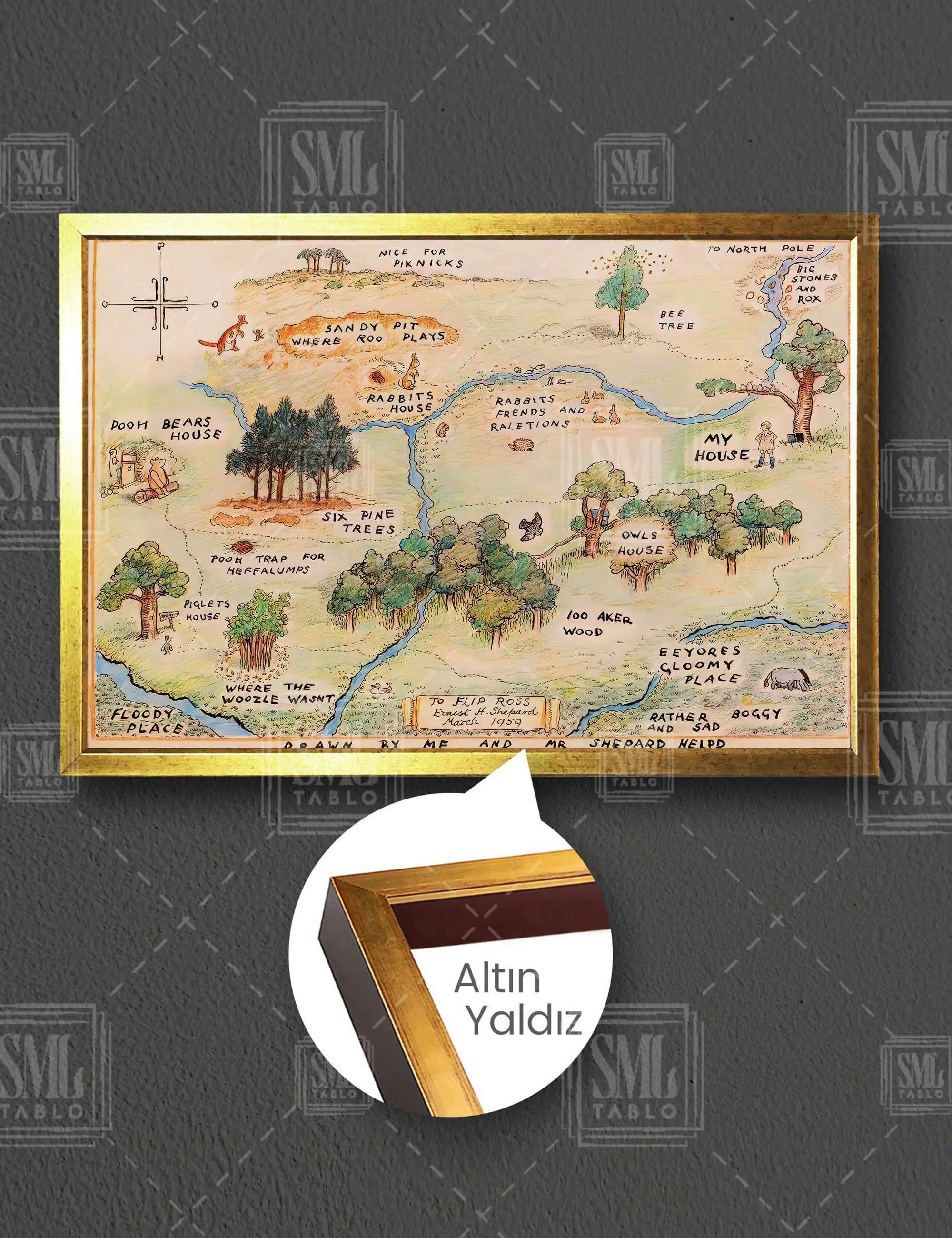 Winnie The Pooh Çizgi Filmi Haritası Çocuk Odası Çerçeveli Yatay Kanvas Tablo