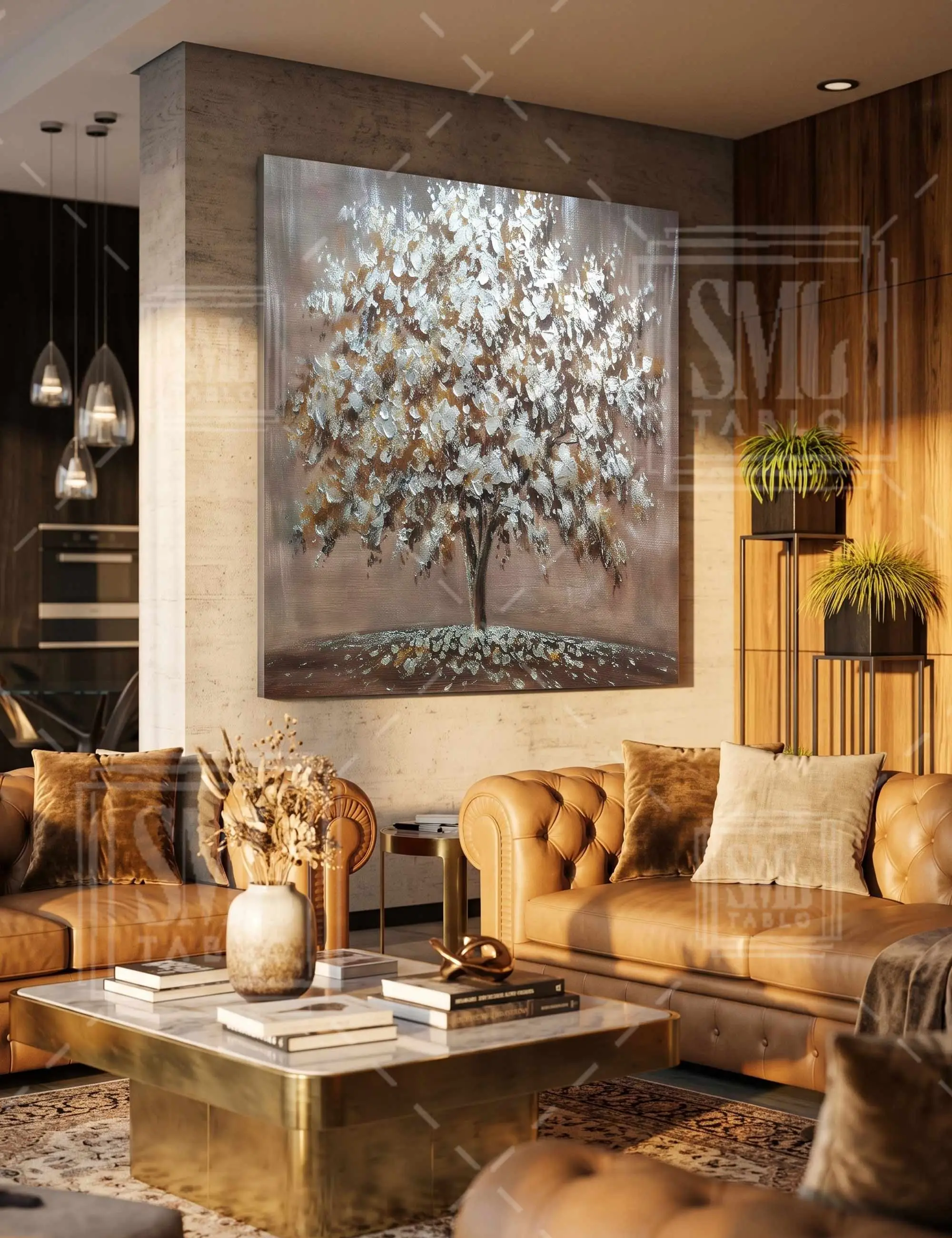 Gümüş Yapraklı Soyut Ağaç Yağlıboya Dokulu Modern Salon Dekorasyon Kare Kanvas Tablosu