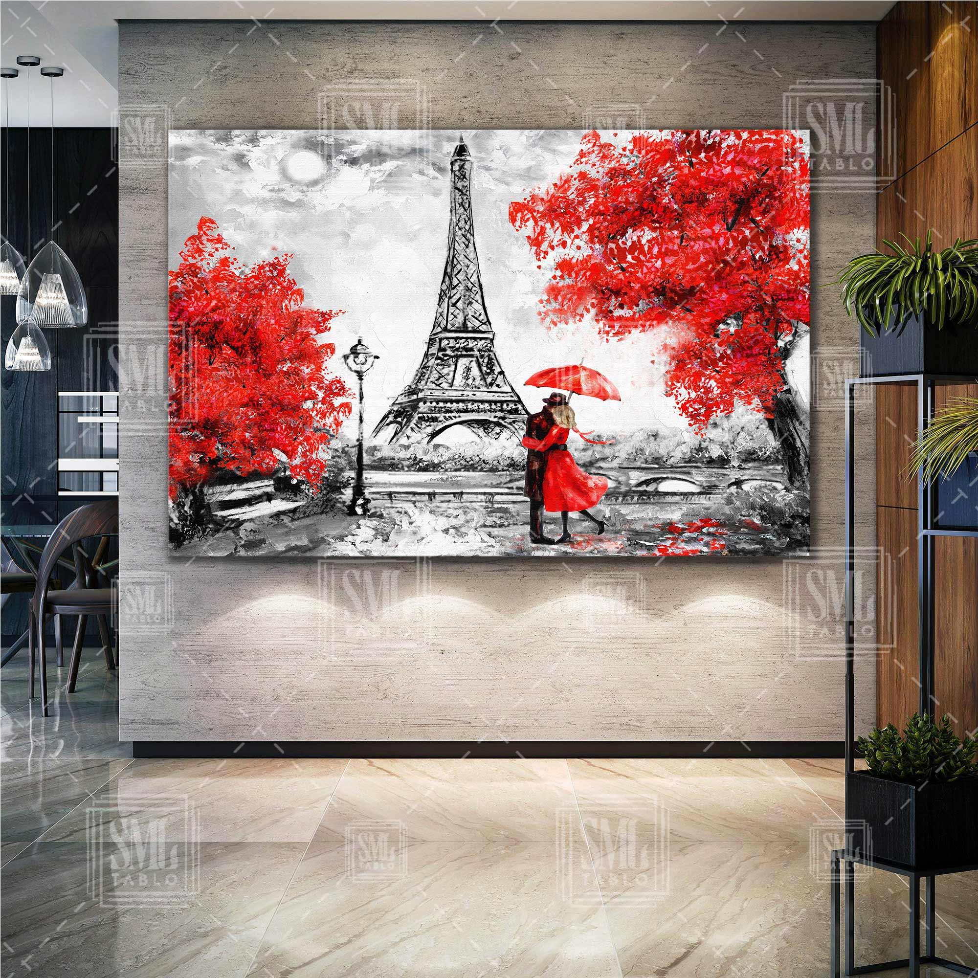 Yağlı Boya Efektli Eyfel Kulesi Sarılan Çift Kırmızı Şemsiye Paris Yatay Kanvas Tablo Yağlı Boya Efektli Eyfel Kulesi Sarılan Çift Kırmızı Şemsiye Paris Yatay Kanvas Tablo