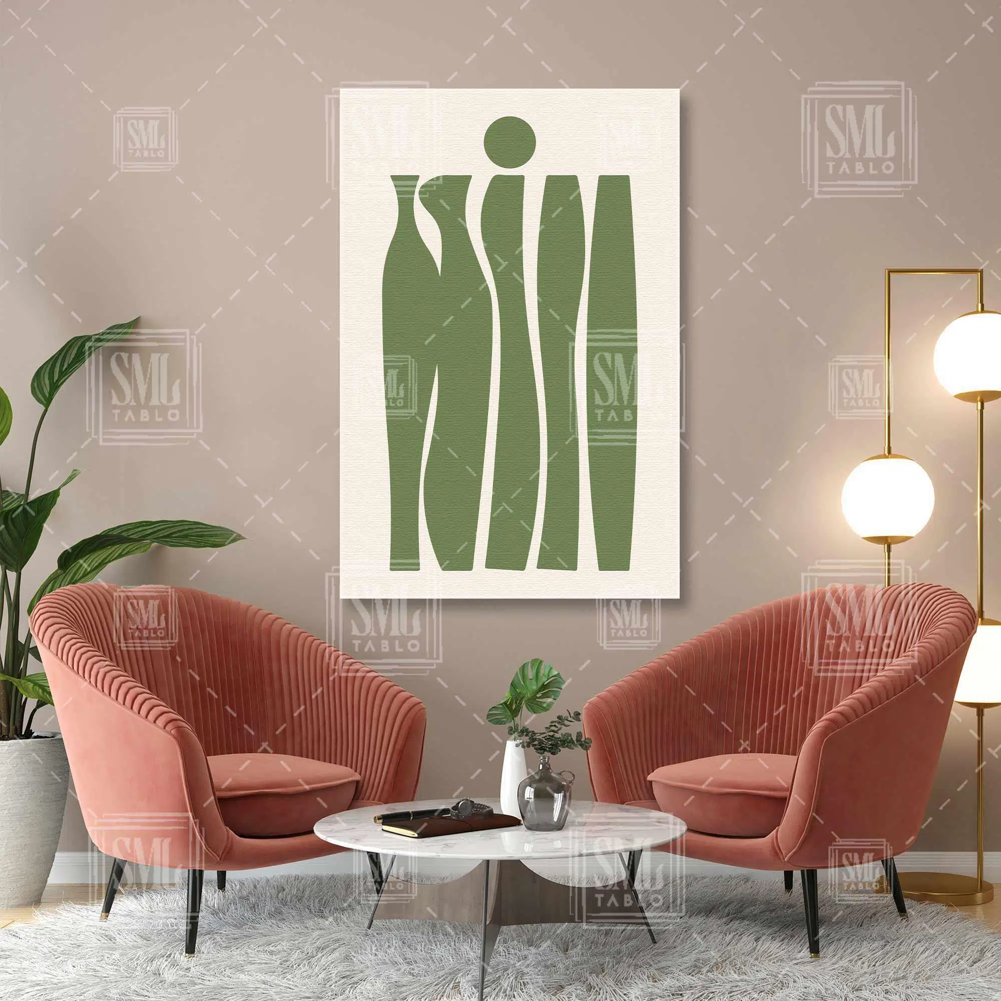 Yeşil Düzensiz Form Üzerinde Yuvarlak Geometrik Boho Dikey Kanvas Tablo