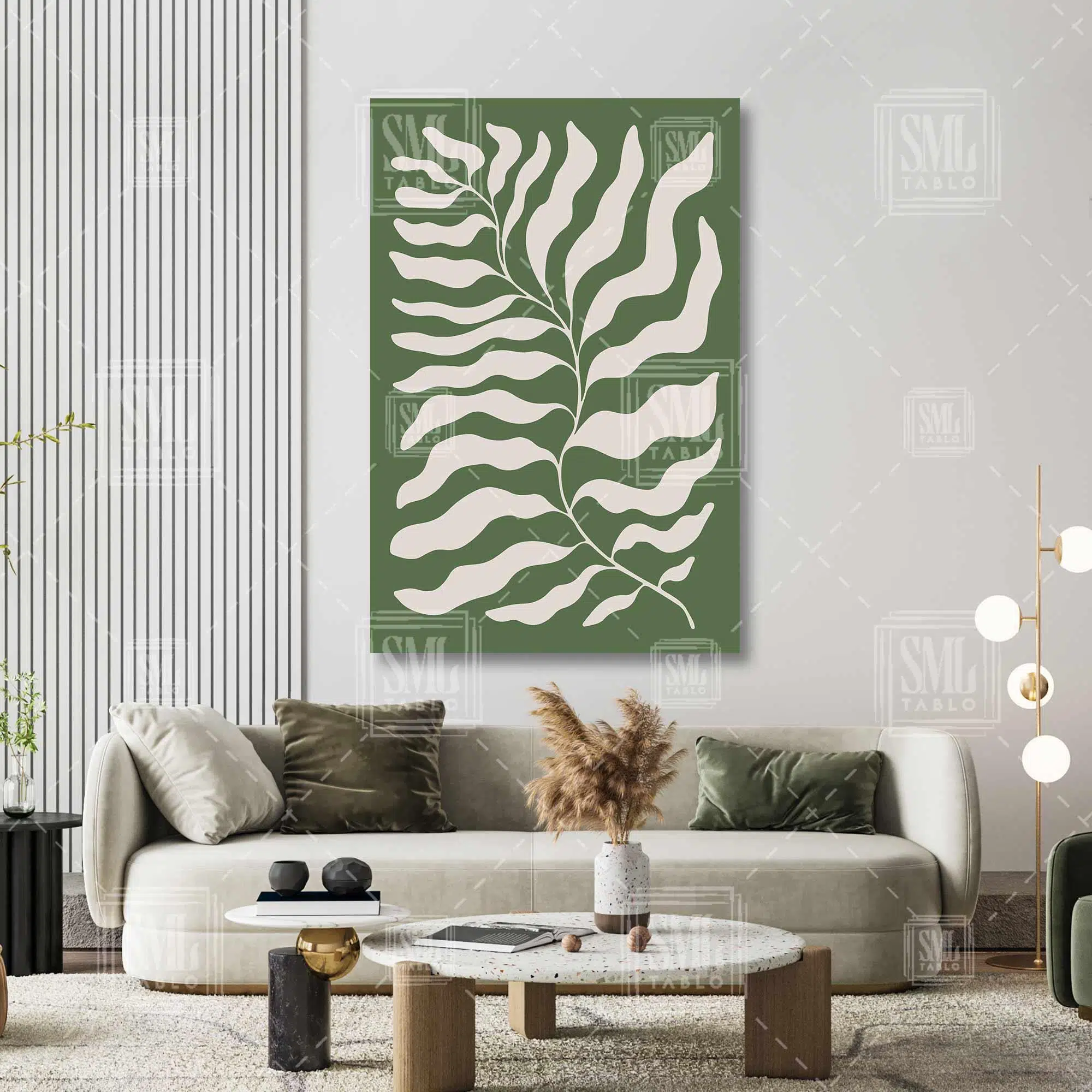 Yeşil Fon Üzerine Bej Büyük Yaprak İlüstrasyonu Minimal Boho Dikey Kanvas Tablo