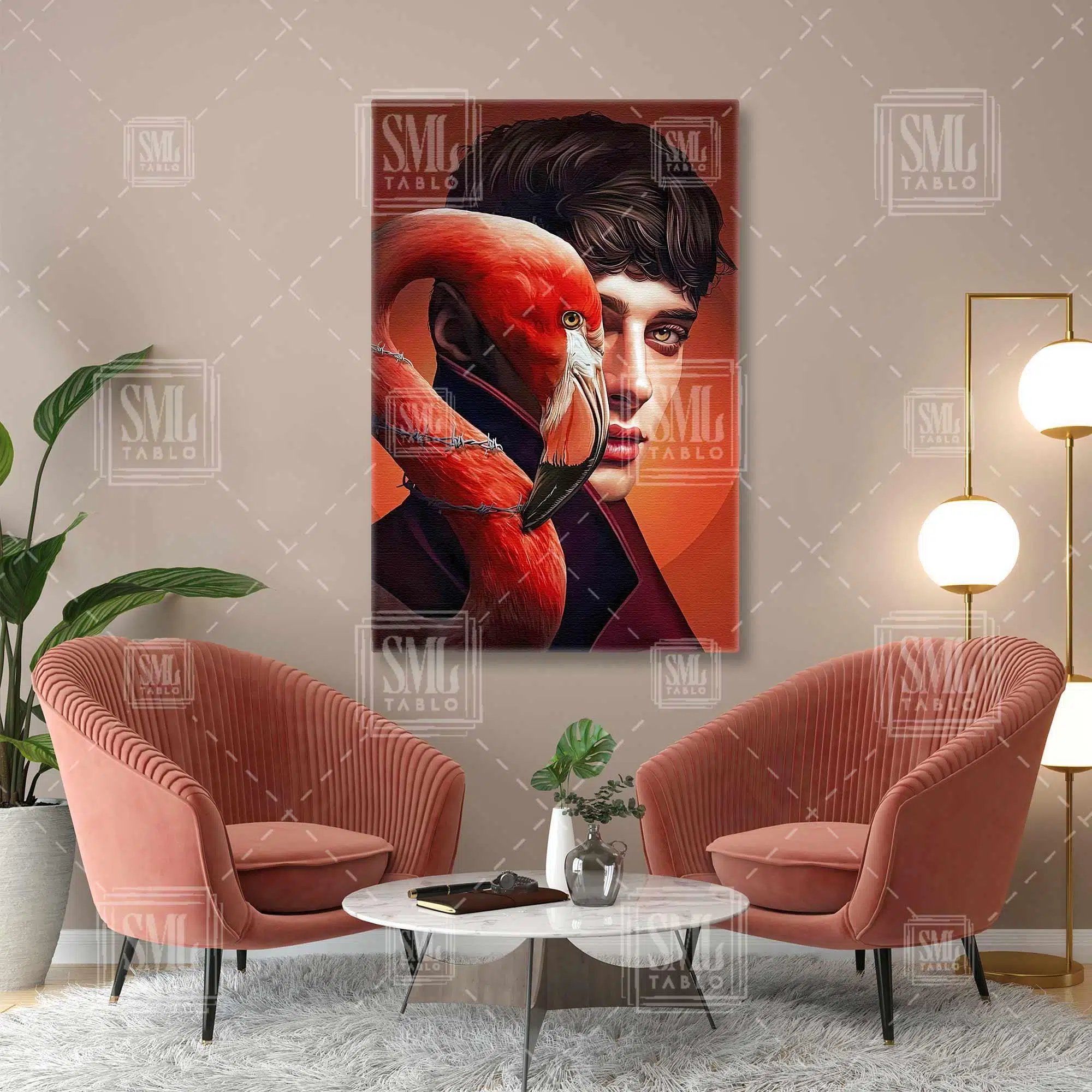 Yeşil Gözlü Adam Ve Flamingo İlüstrasyon Dikey Kanvas Tablo