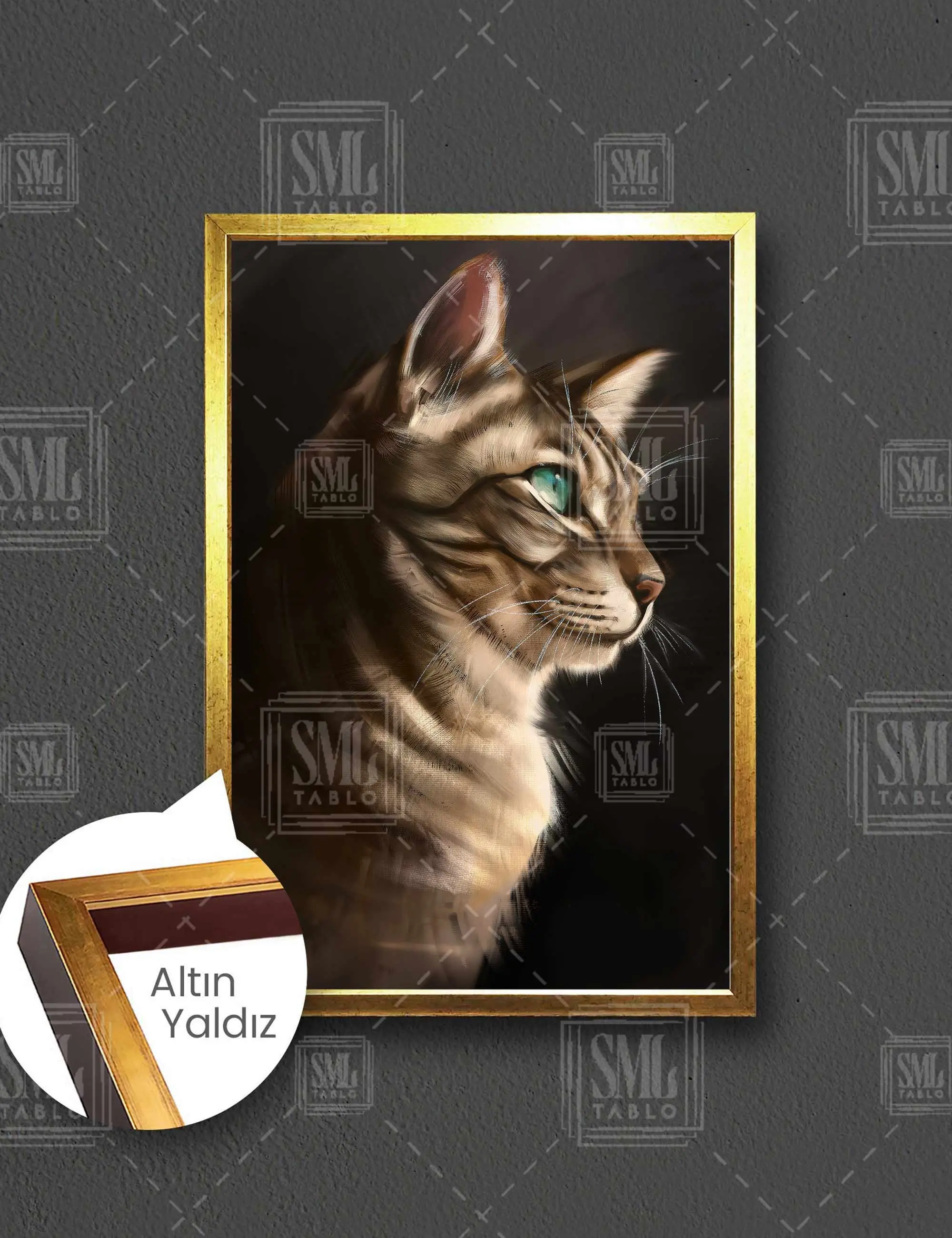 Yeşil Gözlü Şirin Kedi Dijital Sanat Hayvan Çerçeveli Dikey Kanvas Tablo