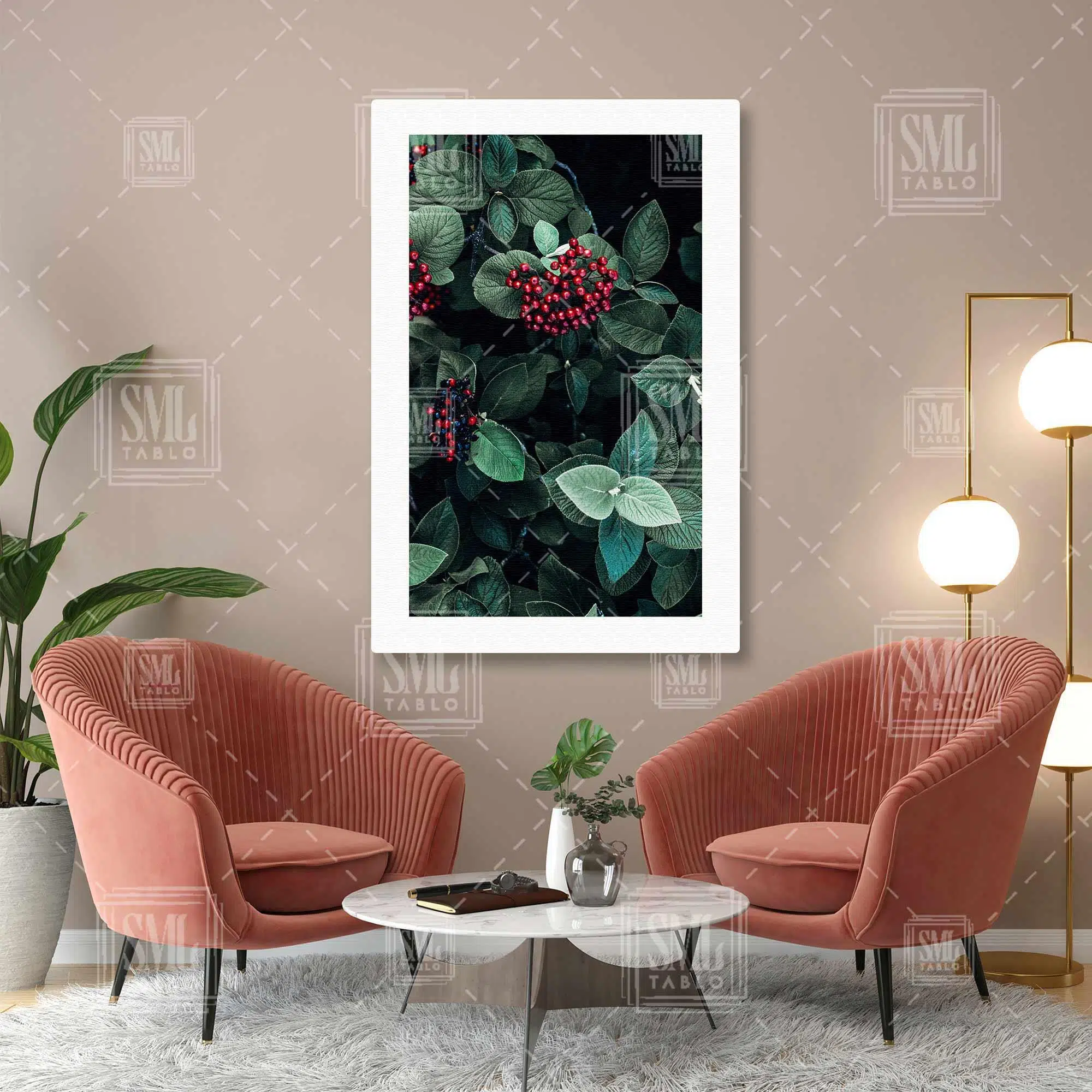 Yeşil Küçük Yapraklı Kırmızı Meyveli Bitki Filtre Boho Dikey Kanvas Tablo